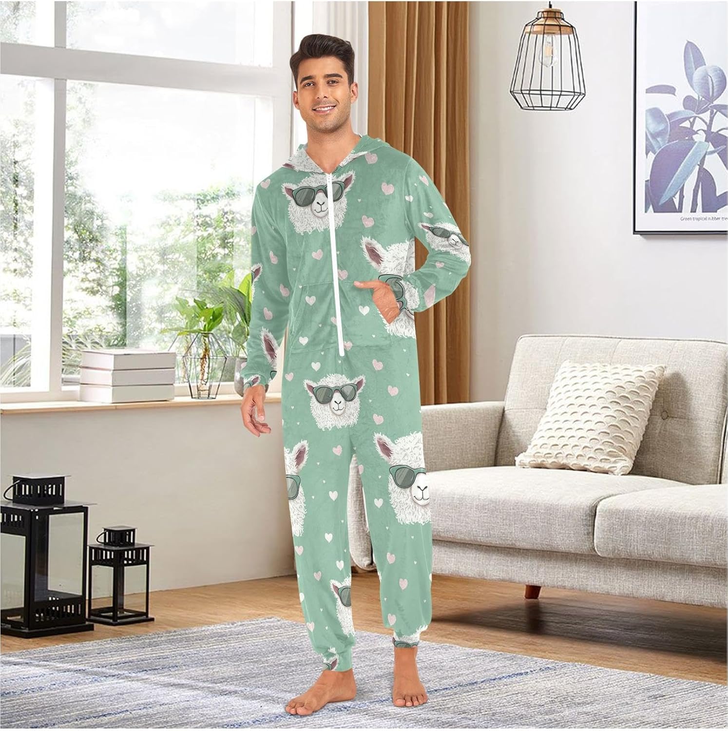 ZZKKO Cute Alpaca Heart Adult Onesie Pajamas for Women Men Cozy One Piece Pajamas Costume Zip-Up Hooded S-XL