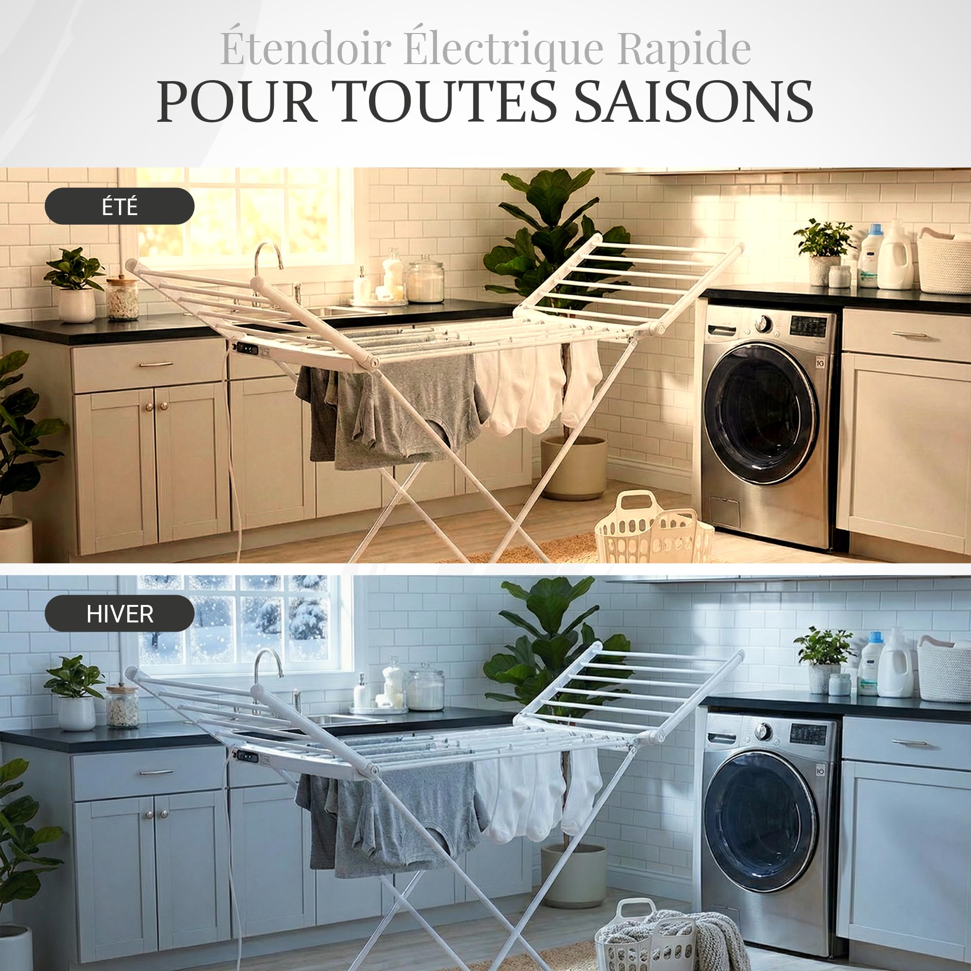 Étendoir à Linge Chauffant, Sèche Serviette Électrique Pliable, Sechoir a Linge Electrique Basse Consommation | 18 Barres Aluminium | Écran LED & Minuterie | Housse Thermique & Panier Inclus