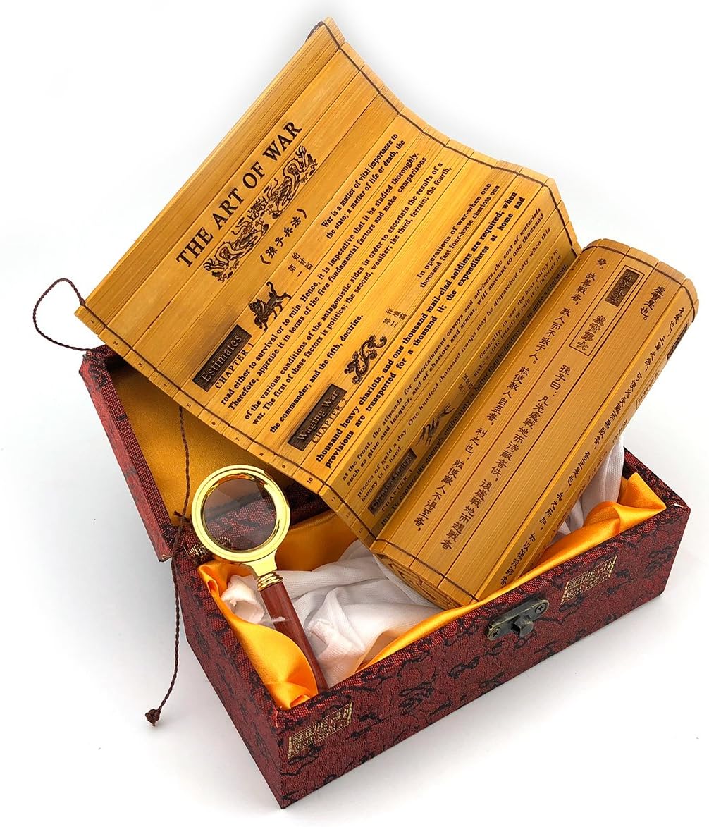 ZOOOBELIVES The Art of War Collectable Bamboo Scroll with Wooden Gift Box, Chinese Style High-end Gift Table Wall Office & Home Decorations, Bilingual Edition, English and Chinese (Brocade Box)