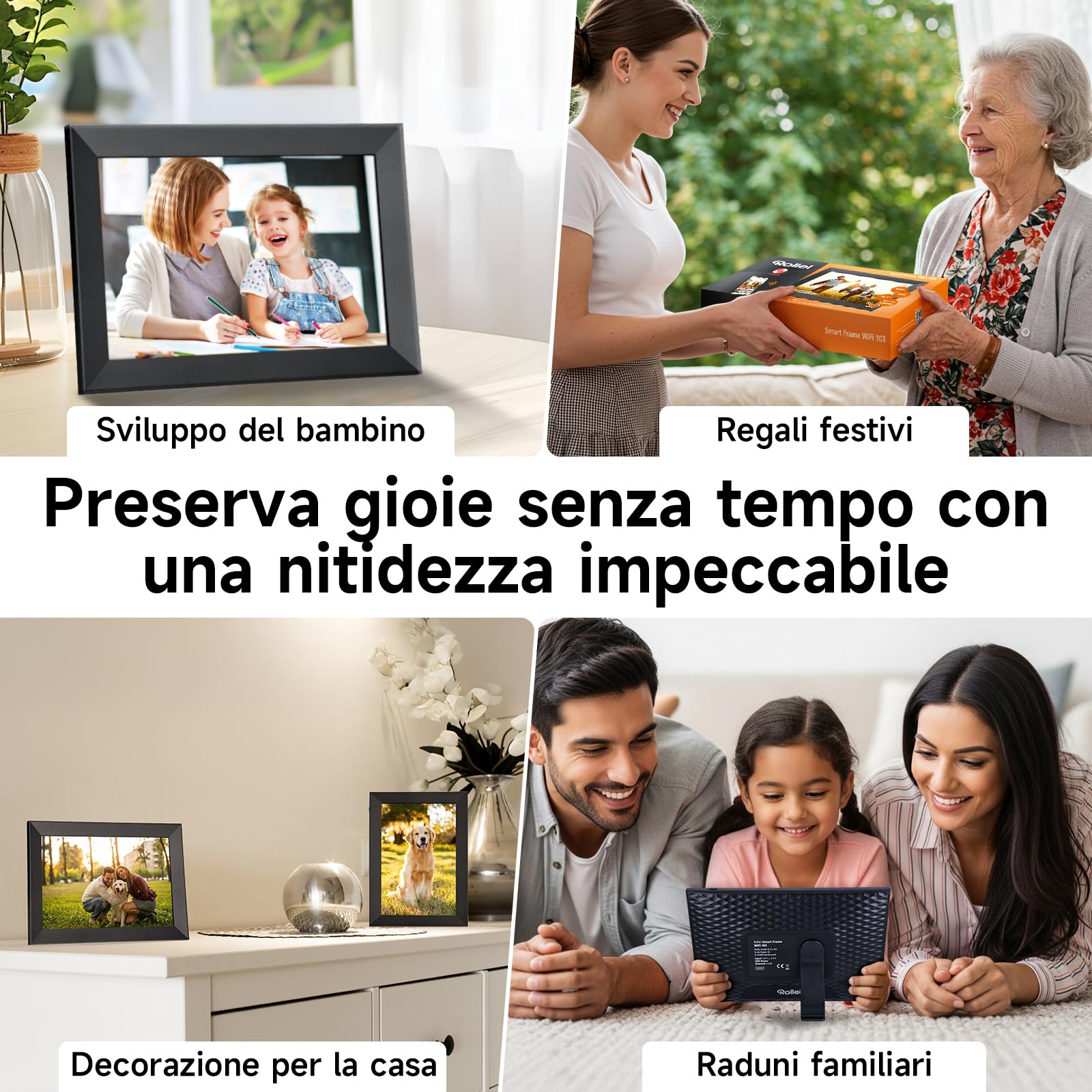Cornice Digitale Foto, Rollei Smart Frame WiFi 103 10,1 Frameo Portafoto Digitale 32GB 1280x800 Schermo Tattile IPS Condivisione Istantanea di Foto e Video Nero Cornice-Digitale-Foto-Frameo-WiFi