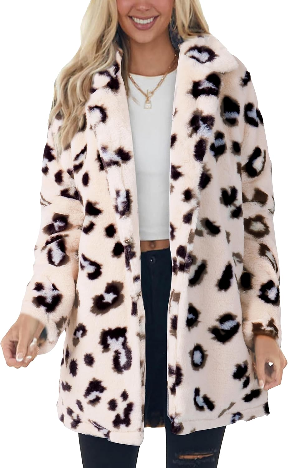 SeekMe Womens Faux Fur Coats Leopard Jackets Loose Warm Fall Winter Fluffy Jacket Outwear