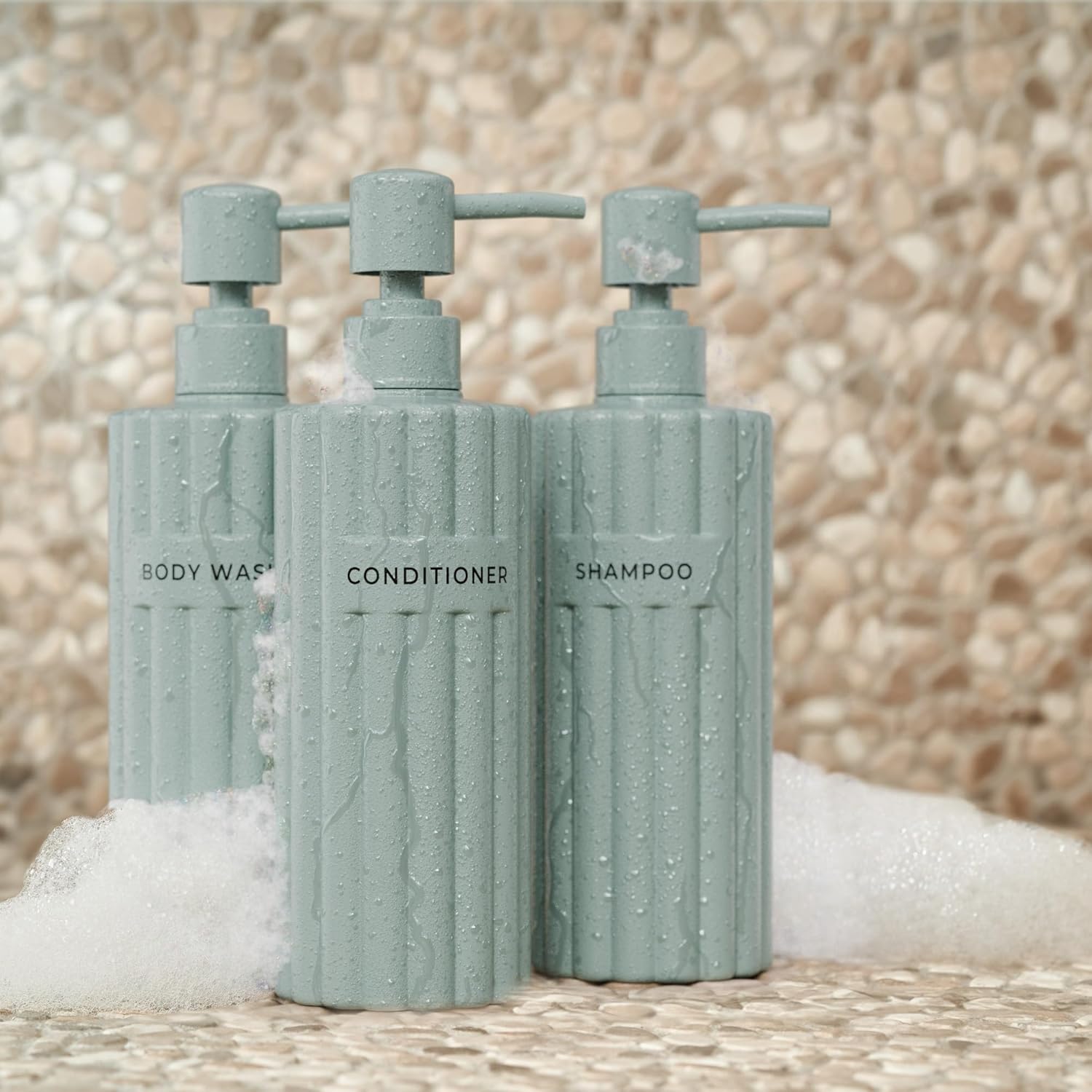 Stylish Shampoo and Conditioner Dispenser Set of 3 - Modern 19oz Shower Soap Bottles with Pump and Labels - Easy to Refill Body Wash Dispensers for an Instant Bathroom Decor Upgrade - Image 9