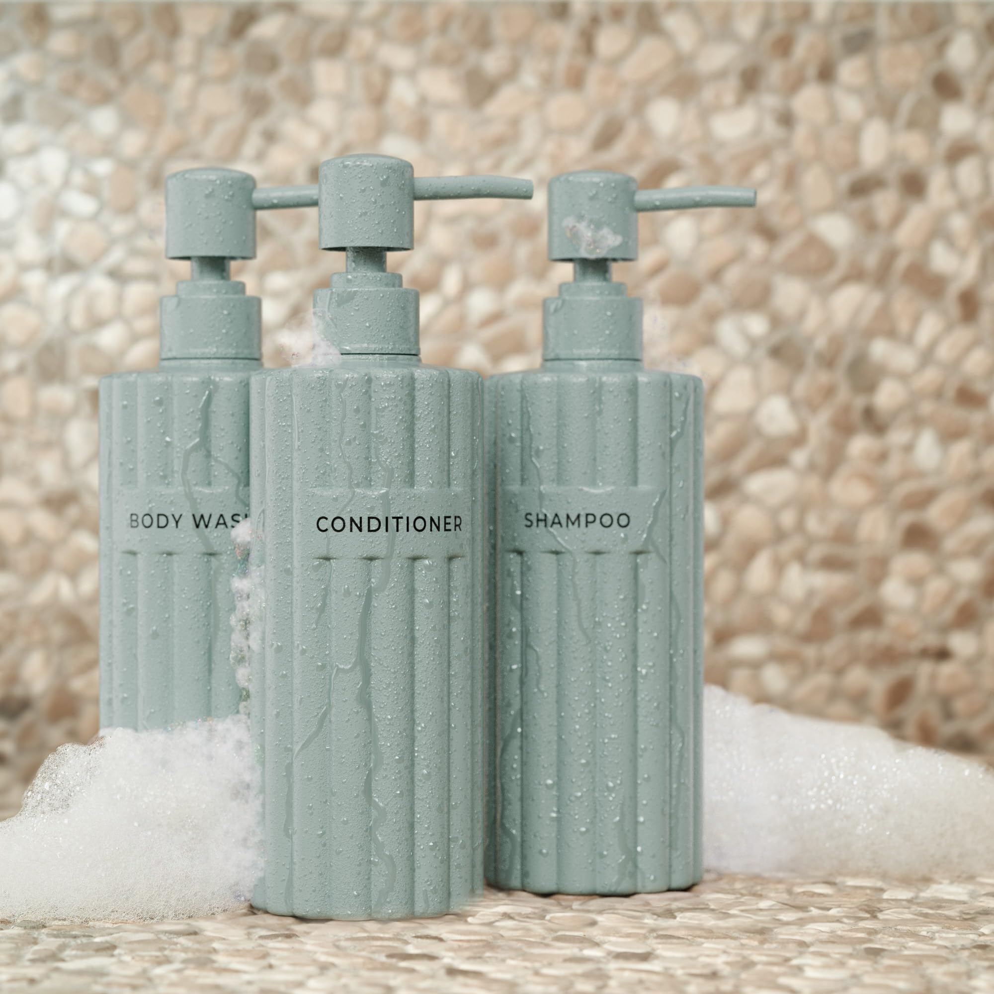 Lot de 3 distributeurs élégants de shampooing et d'après-shampoing – Bouteilles de savon de douche modernes de 538,6 g avec pompe et étiquettes – Distributeurs de gel douche faciles à remplir pour une