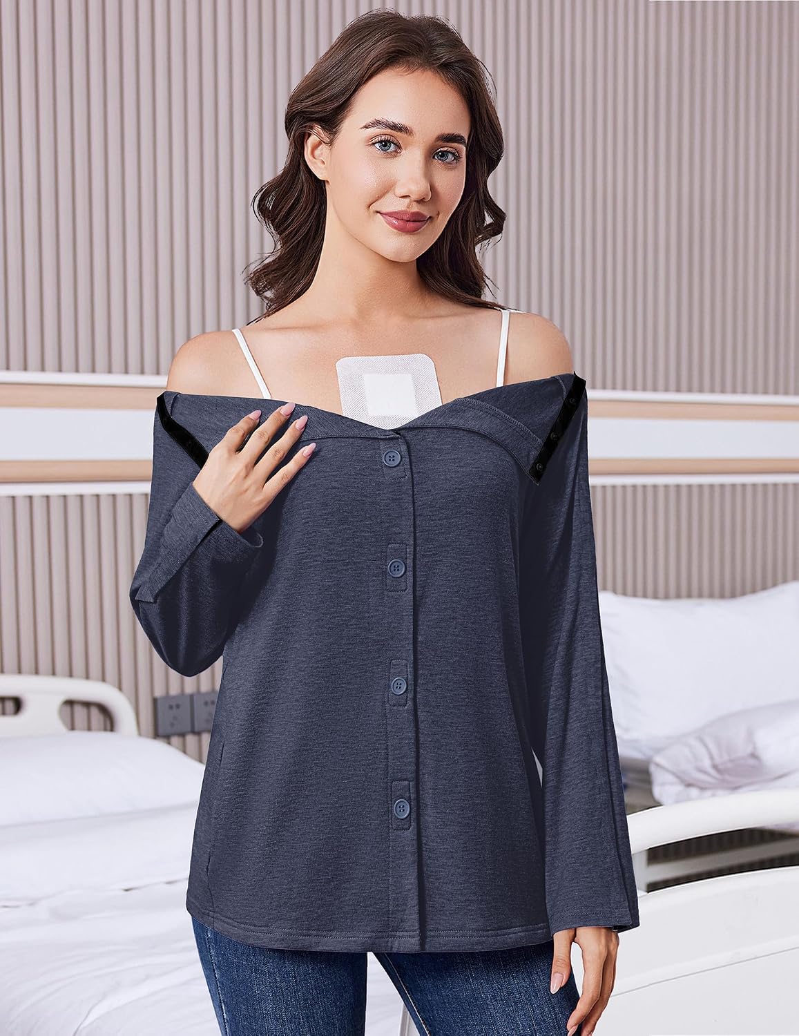Deyeek Women's Mastectomy Shirts with Drain Pockets Shoulder Surgery Tops