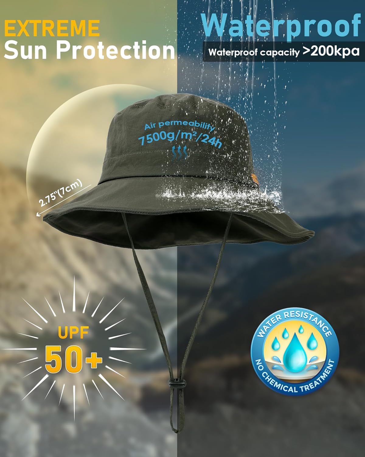 Waterproof Bucket Hats for Women Men Foldable Brim UPF 50+ Floppy Cowboy Rain Hat UV Protection Boonie Sun Hats for Hiking - Image 3