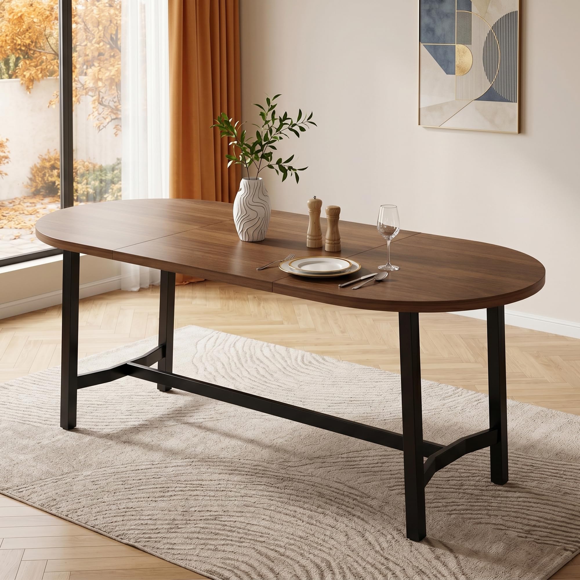 Mesa de comedor 180 x 80 x 75 cm, adecuada para 6 – 8 personas, con esquinas redondeadas, estilo sencillo, patas de mesa de hierro, color nogal, nogal