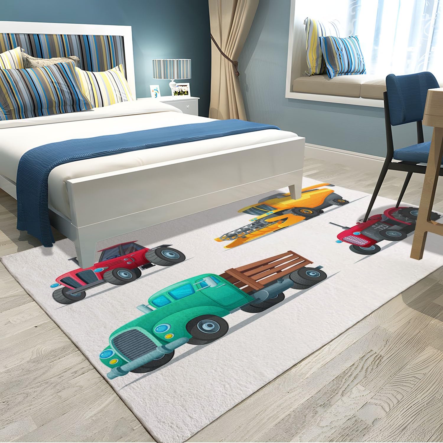 Bianco Tappeto Salotto 80 x 150cm Veicolo da costruzione dei cartoni animati Tappeti Camera da Letto, Rug Cucina Antiscivolo Lavabile per Tavolino da Salotto, Bagno, Tappeto Bambini Cameretta