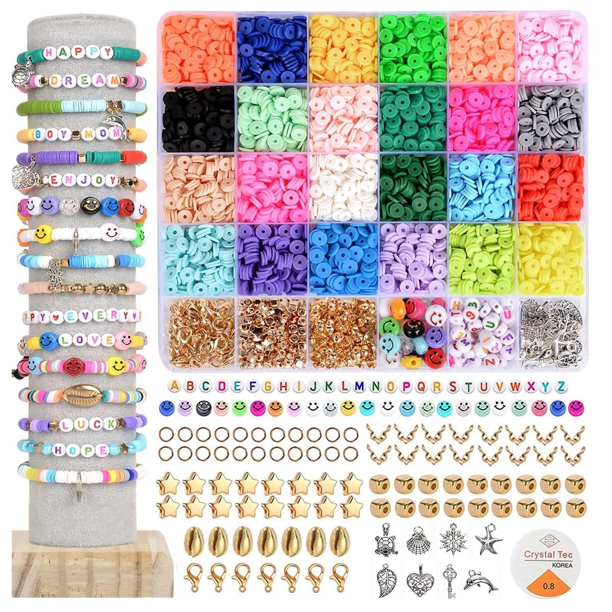 SANNIDHI® Clay Beads Kit 4800pcs 24 Colors Clay Beads for Bracelet Making Set, Polymer Flat Letter Spacer Bead with Charms Elastic Strings DIY Craft, Gift for Girls Kids Women,Multi-Colour