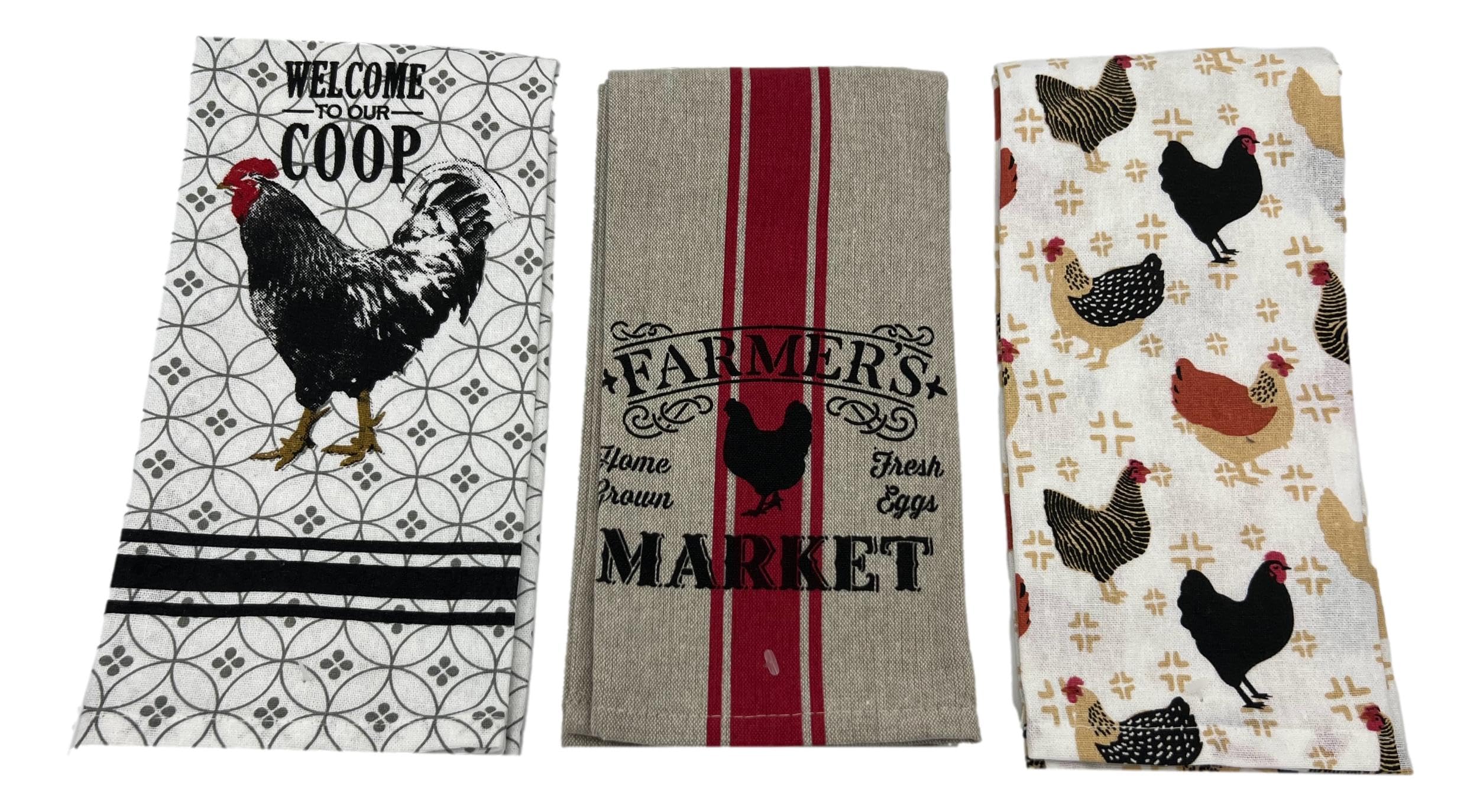 Mabelle, Rooster Printed Kitchen Towels, Set of 3 Designs, Red, Black Tan