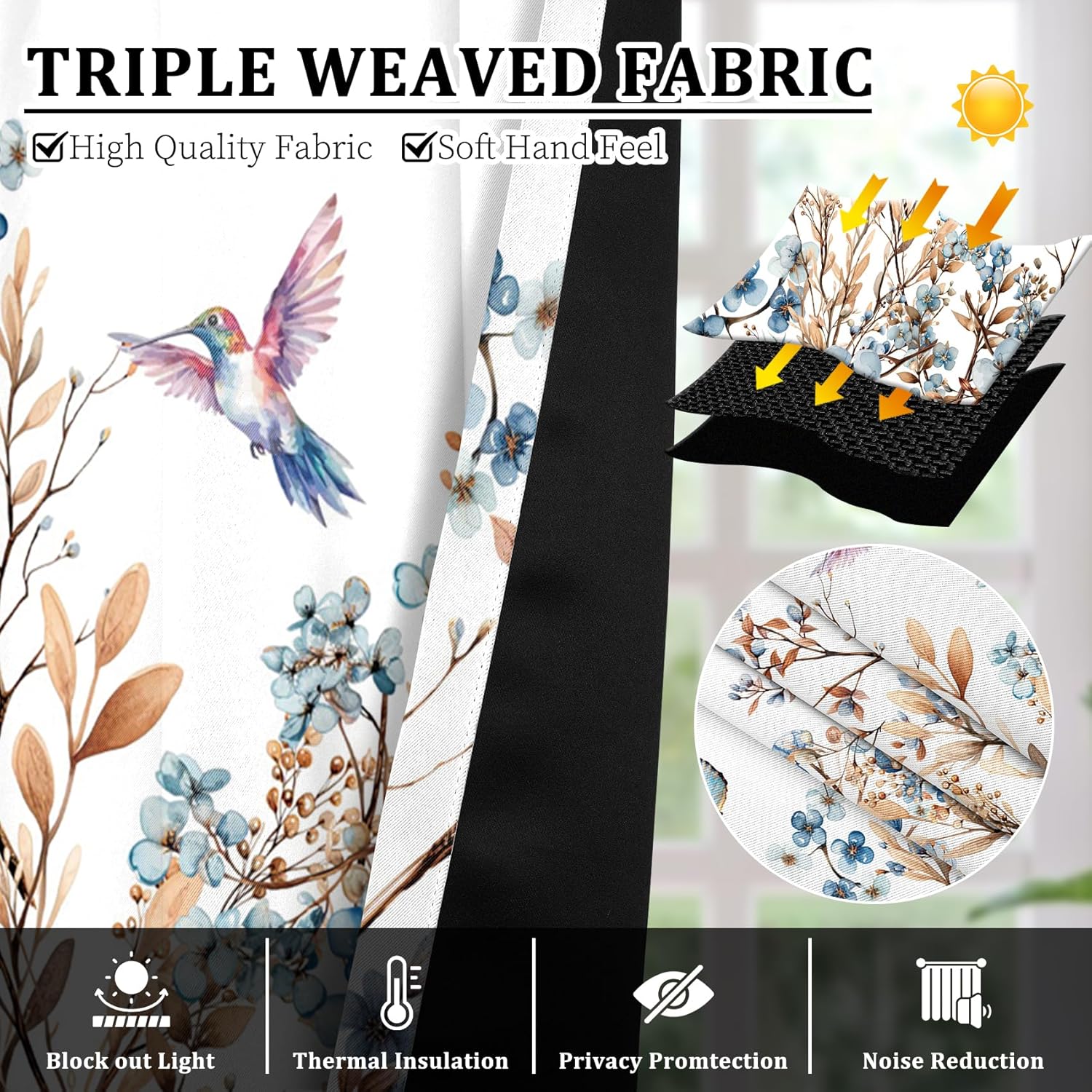 AWERT Floral Blackout Curtains 63 Inches Long 2 Panels Blue Watercolor Flowers Butterfly Colorful Bird Romantic Plants Window Drapes Thermal Insulated for Living Room Bedroom Each Size 26x63 Inches