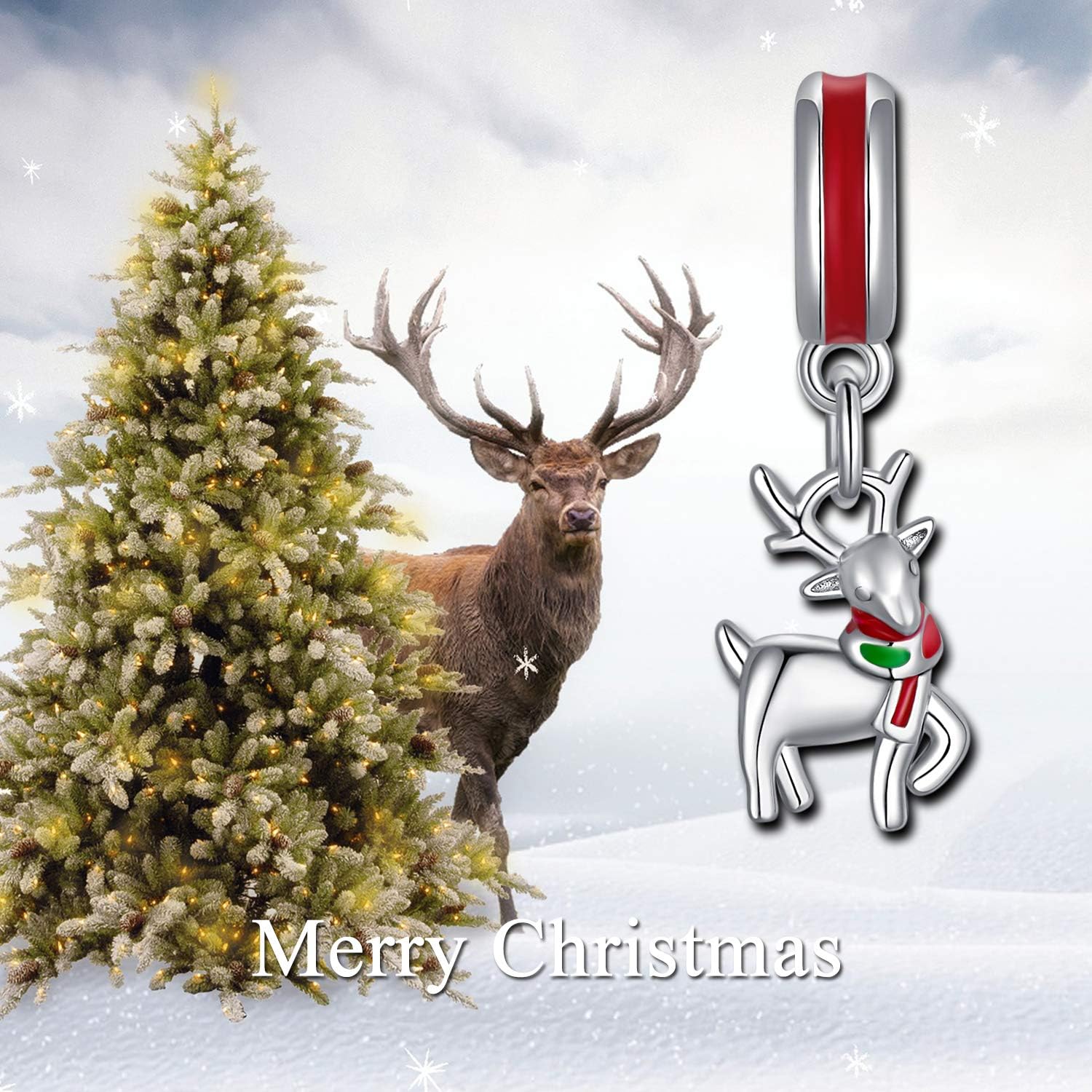 LONAGO Christmas Charm Sterling Silver Red Santa Hat Cap Deer Xmas Christmas Bead Charm Gift for Women