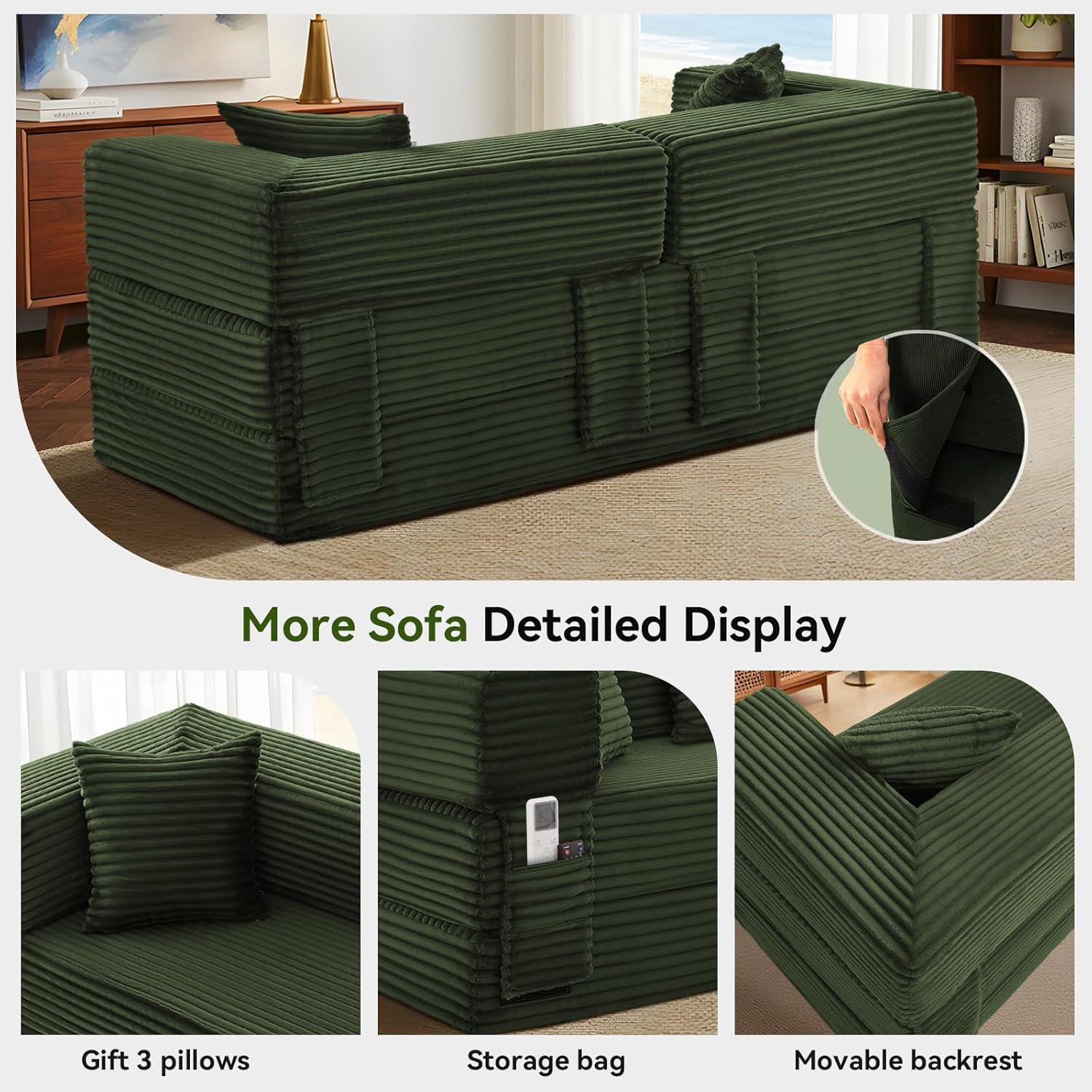 5-in-1 Folding Convertible Sofa Bed, 78 Inch Corduroy Boneless Couch, Loveseat Sleeper with Pull Out Bed, Floor Sofa Modular Futon Couch for Living Room, Small Place, No Assembly,Light Green