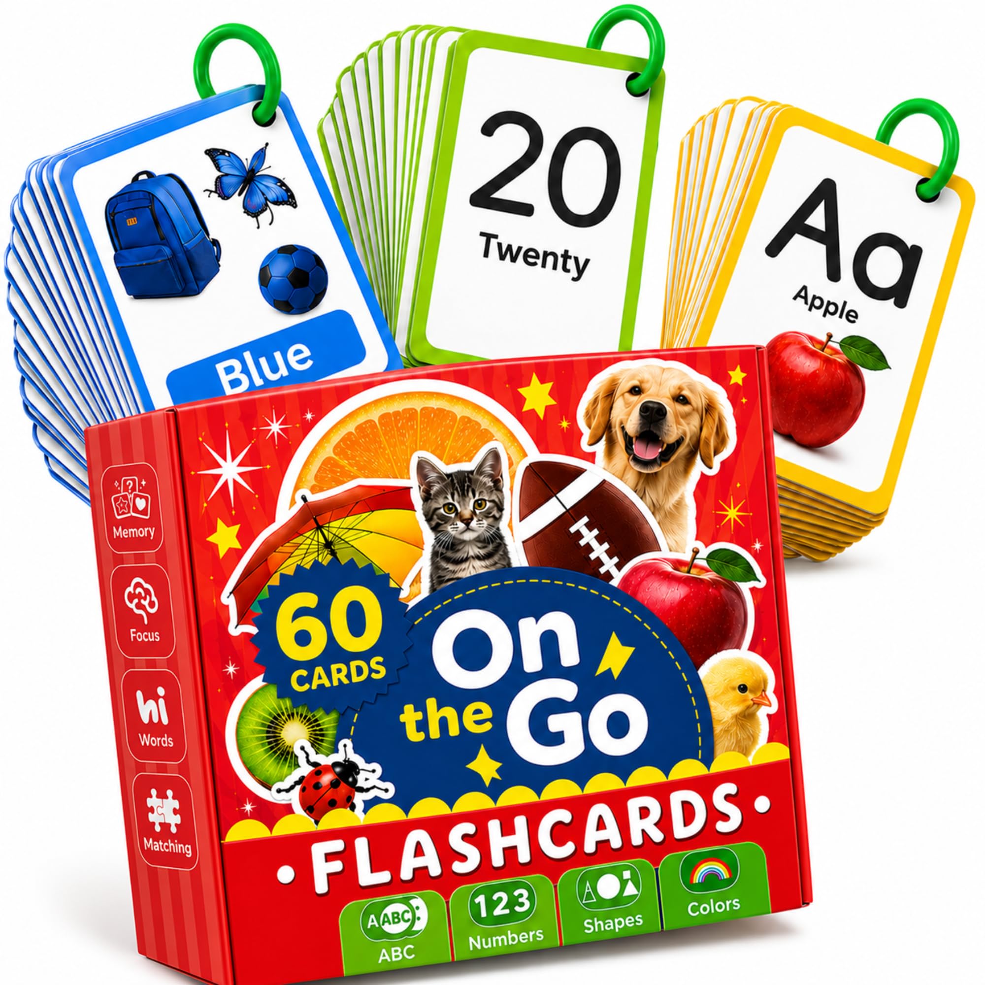 60 Toddler Flash Cards with Rings, Flash Cards for Toddlers 1-3, Includes ABC Flash Cards, Color Flash Cards, Shapes & Number Flash Cards