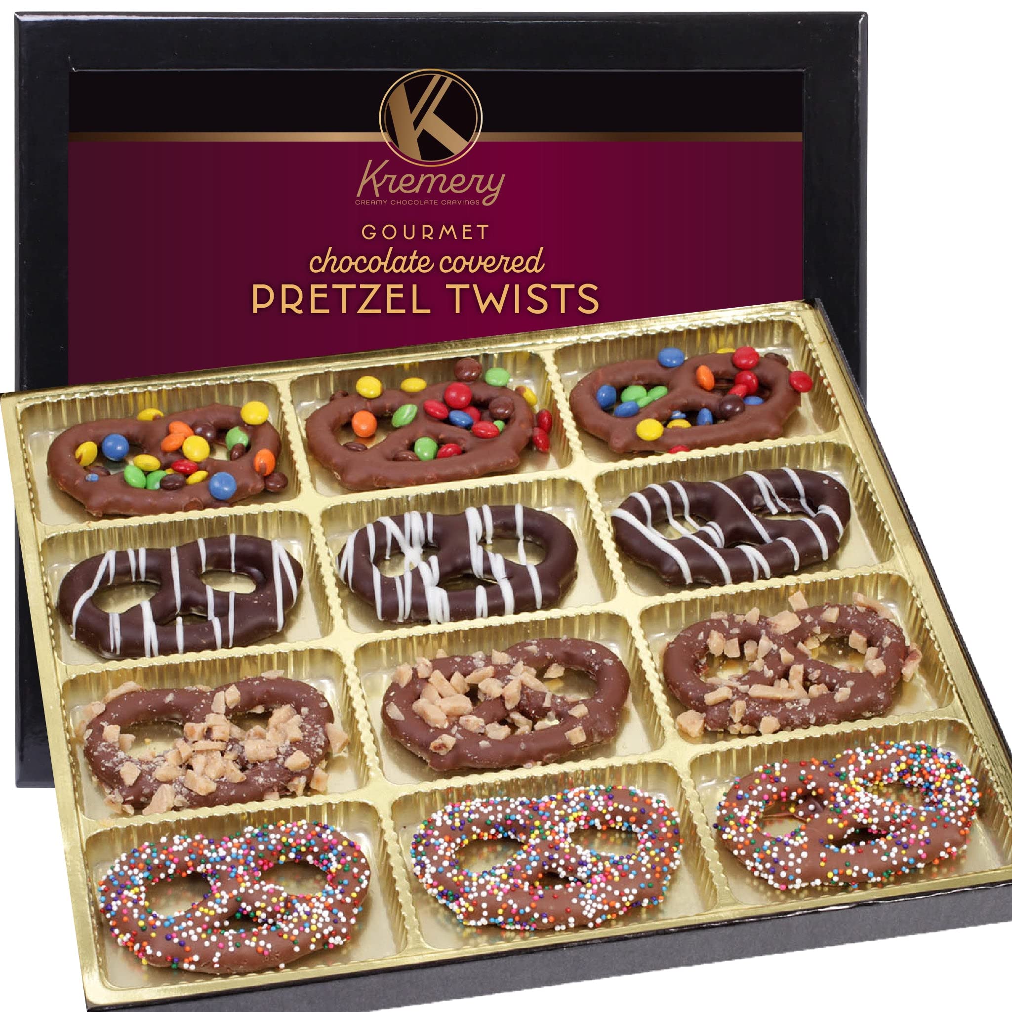 KREMERY Creamy Chocolate Cravings - Holiday Xmas Christmas Chocolate Covered Pretzel Twists Gift Basket, in Sectional Gift Box (12 Pretzels, Assorted Sweet Toppings)