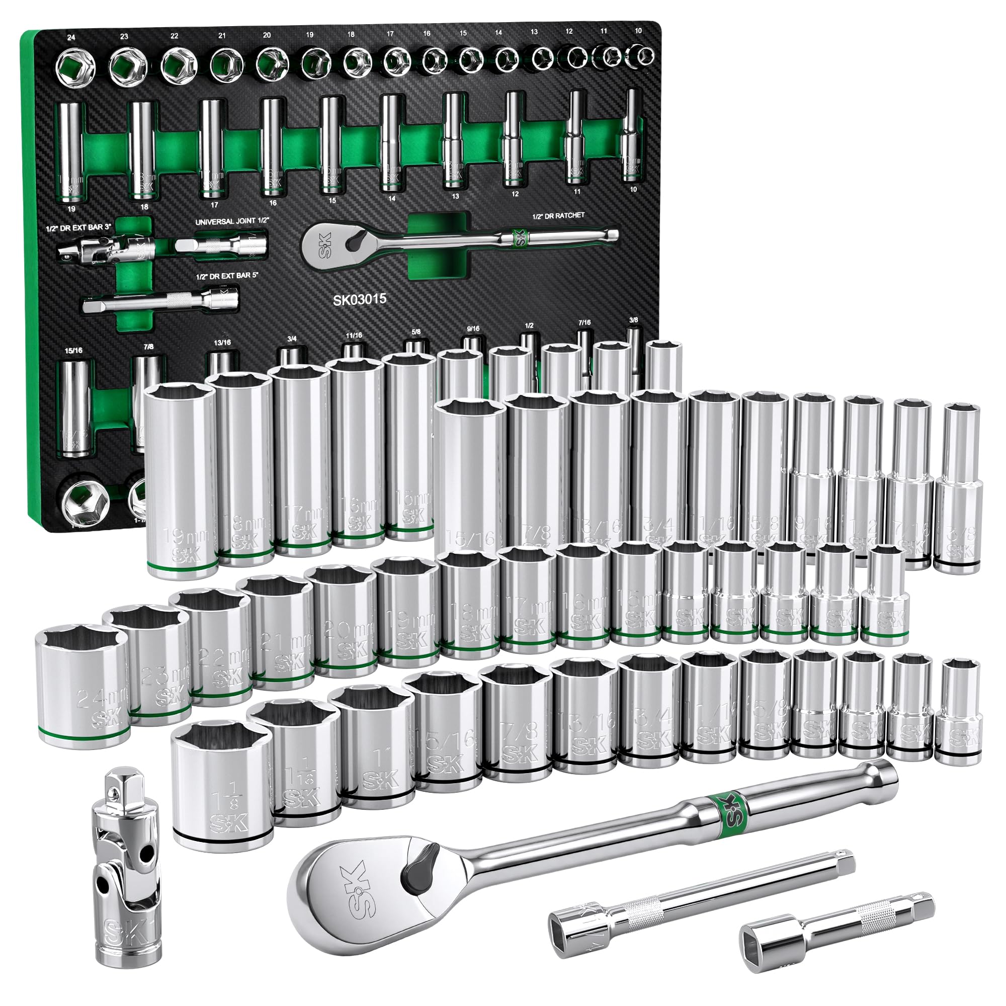 SK 1/2" Drive Socket Set with 90-Tooth Ratchet, 52-Piece, SAE & Metric | SuperKrome Finis…