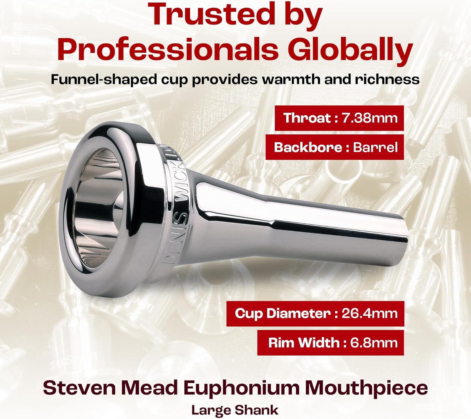 Denis Wick Steven Mead Euphonium Mouthpiece Silver Plated, 5880E-SM3 - Barrel Backbore for Balanced Airflow & Tone - Large Shank Fitting Euphonium Accessories Easy Articulation - 26.40 x 6.80 x 7.4mm