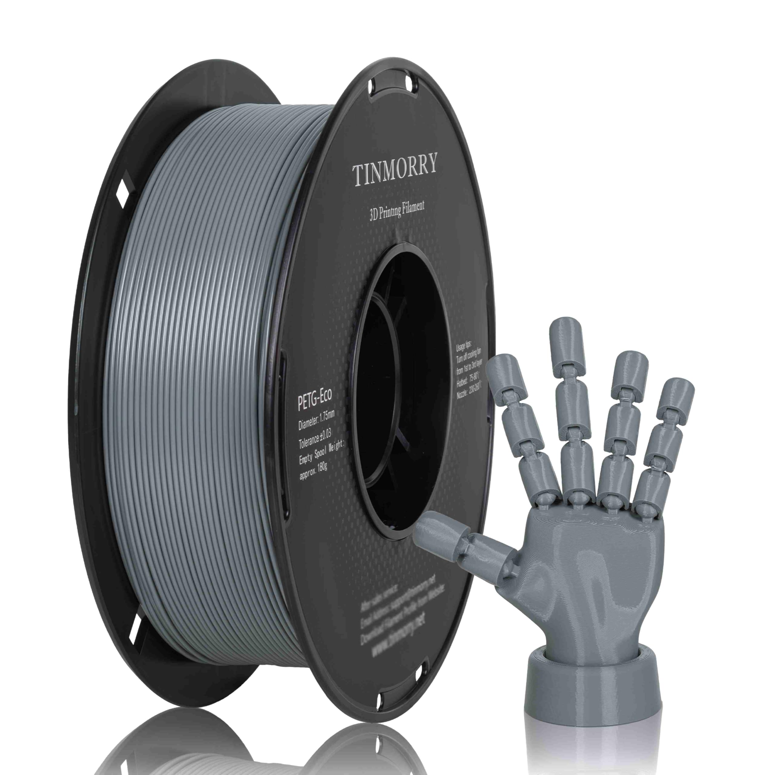 PETG Filament 1.75mm, TINMORRY Rapid PETG-Eco 3D Druck Filament, Kompatibel mit Bambu Lab/Creality K1C / FLASHFORGE Adventurer 5M /Anycubic Kobra 3 / QIDI FDM 3D Drucker, 1 KG 1 Spule, Grau