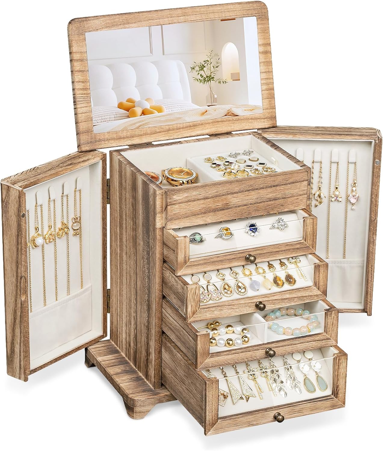 Large Jewelry Box & Organizer for Women, Wooden Jewelry Storage with 4 Transparent Drawers, Holds Necklaces, Rings, Bracelets, Earrings and Watches(Brown)