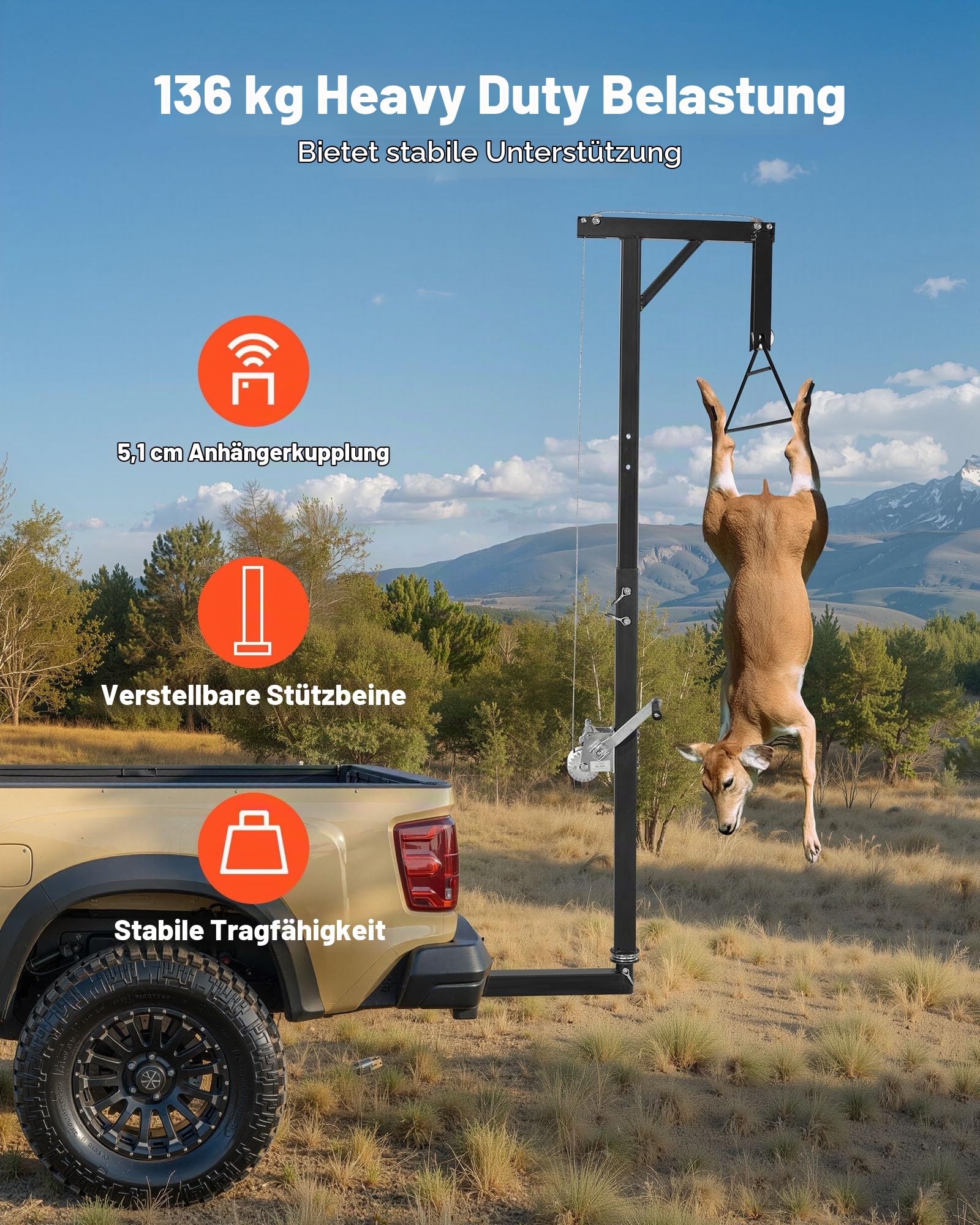 VEVOR Game Hoist mit Seilwinde & Gambrel, 136 kg Tragkraft, LKW-Wildhebezeug mit 5,08 cm Empfänger, 360-Grad-Schwenkschaft & einstellbarer Höhe, zum Häuten & Säubern von Wild im Jagdspiel