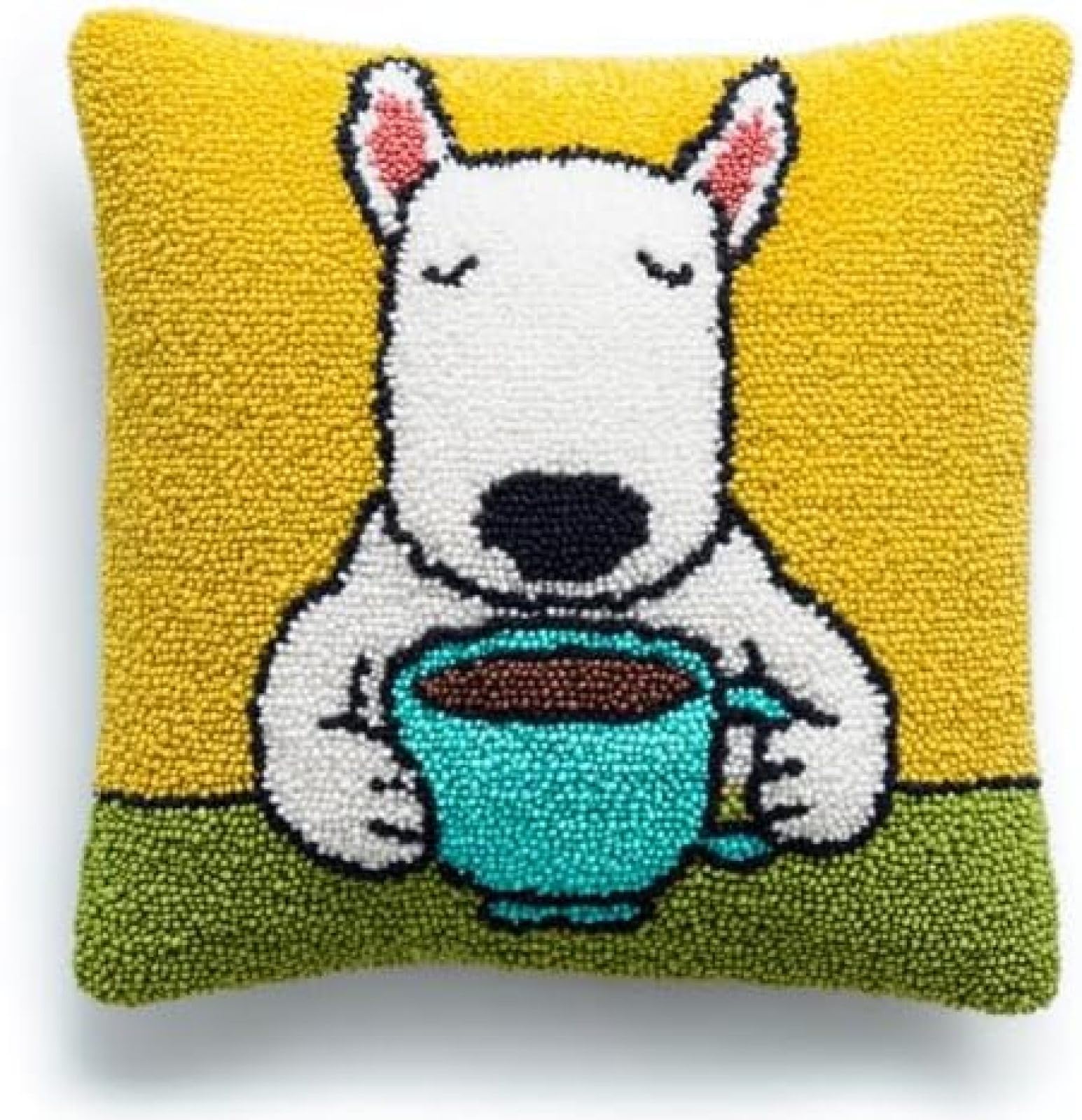 kitphoenix Bull Terrier Dog Drink Coffee Cushion Cover Latch Hook Kit,DIY Craft Gift for Women and Beginners with Pre-Printed Canvas,Yarn and Hook