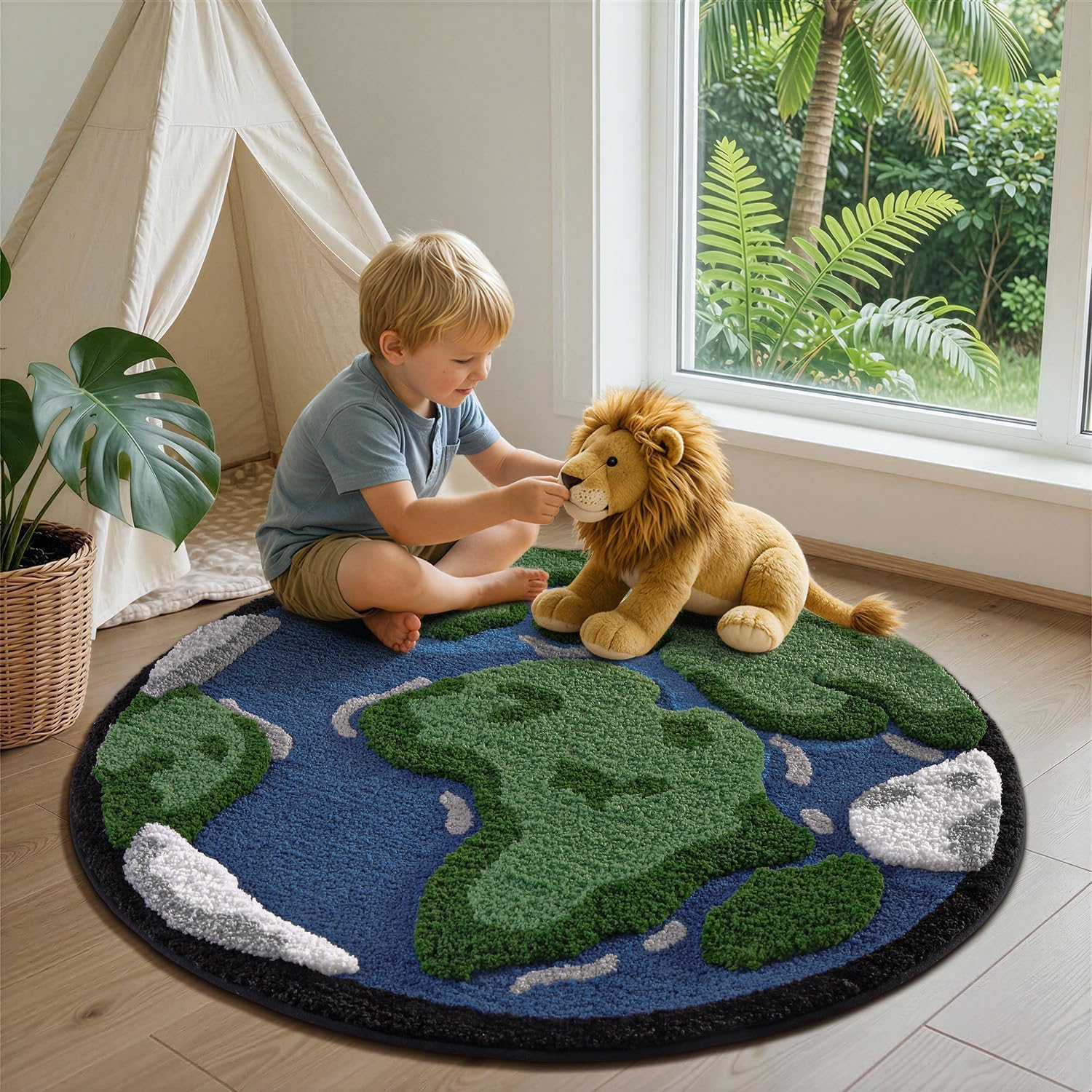 LUMI 3ft Round High Pile Earth Globe Bathroom Rug Non Slip, Absorbent Ultra Soft Microfiber Bath Mat, Washable Area Rug for Shower, Sink, Living Room, Kids Room