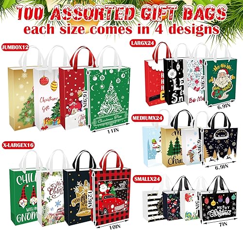 Miniatura 2 de Cholemy 100 bolsas de papel de regalo de Navidad a granel con asa de varios tamaños, bolsas de regalo de Navidad pequeñas, medianas, grandes, extra