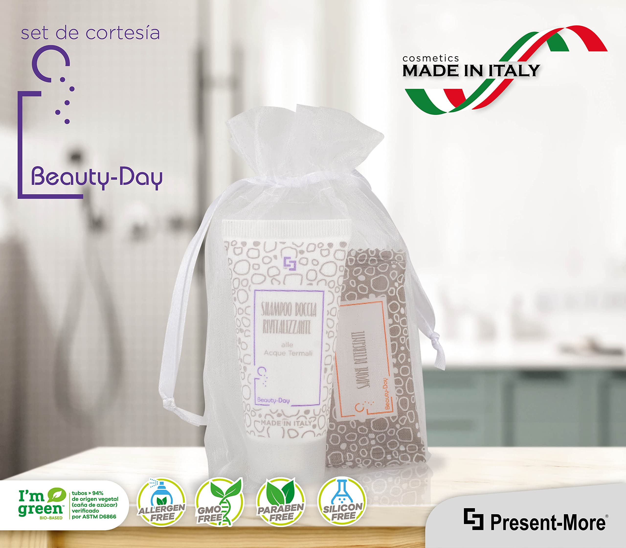 Present-More Amenities baño Beauty-Day Italy - Prestige Kit Línea de cortesía huéspedes de Hoteles y B&B | Amenities baño sin alérgenos con fragancia Ylang Ylang