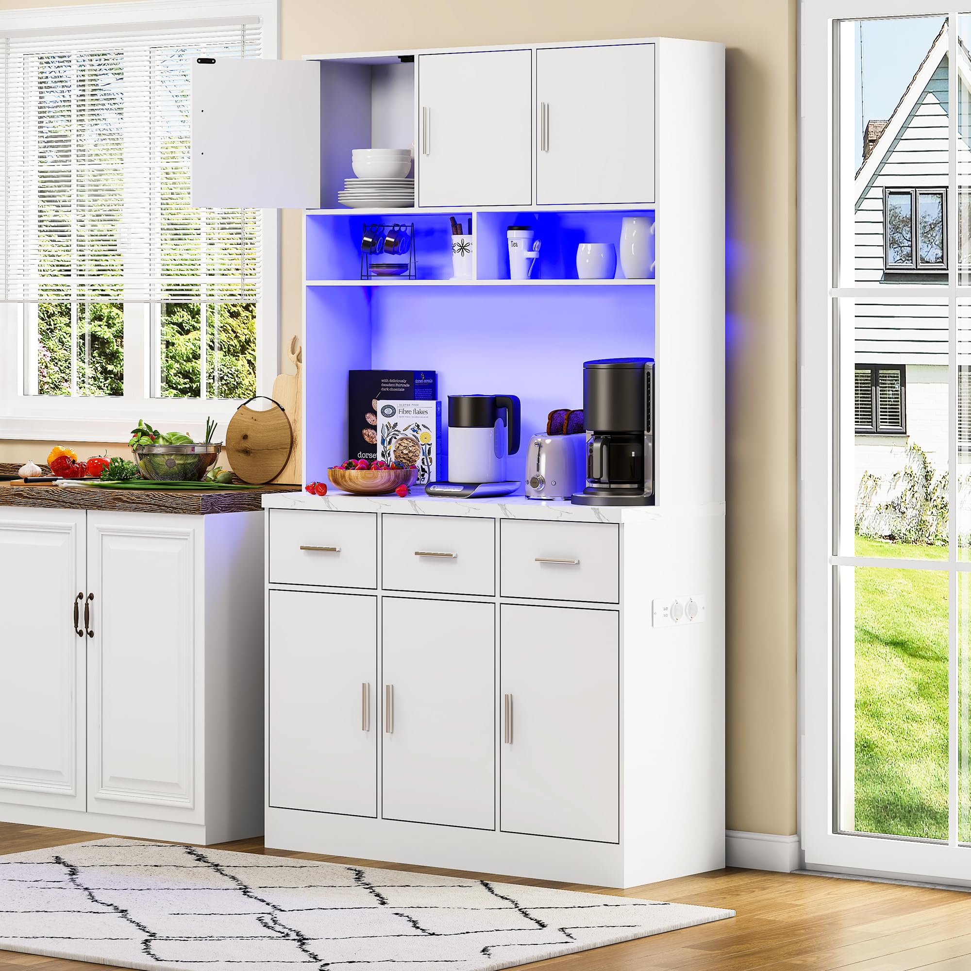 Küchenschrank Weiß 180 cm Mit App-LED, Küchenbuffet Mit Steckdose Und USB, Kommode Mit Schubladen Mit 6 Türen, Schrank 40 cm tief Mit Kabelführung Für Küche Esszimmer