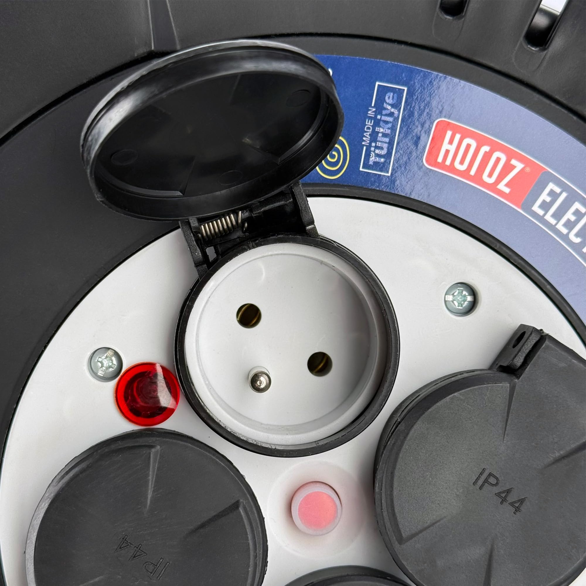 Enrouleur Électrique 20 m 4 Prises Type E avec Terre - Enrouleur Ménager et Rallonge Électrique 3×1,5 mm² 230V IP44 2000W - Enrouleur de Câble d'Exteriéur pour Jardin, Chantier, Garage- Horoz Electric