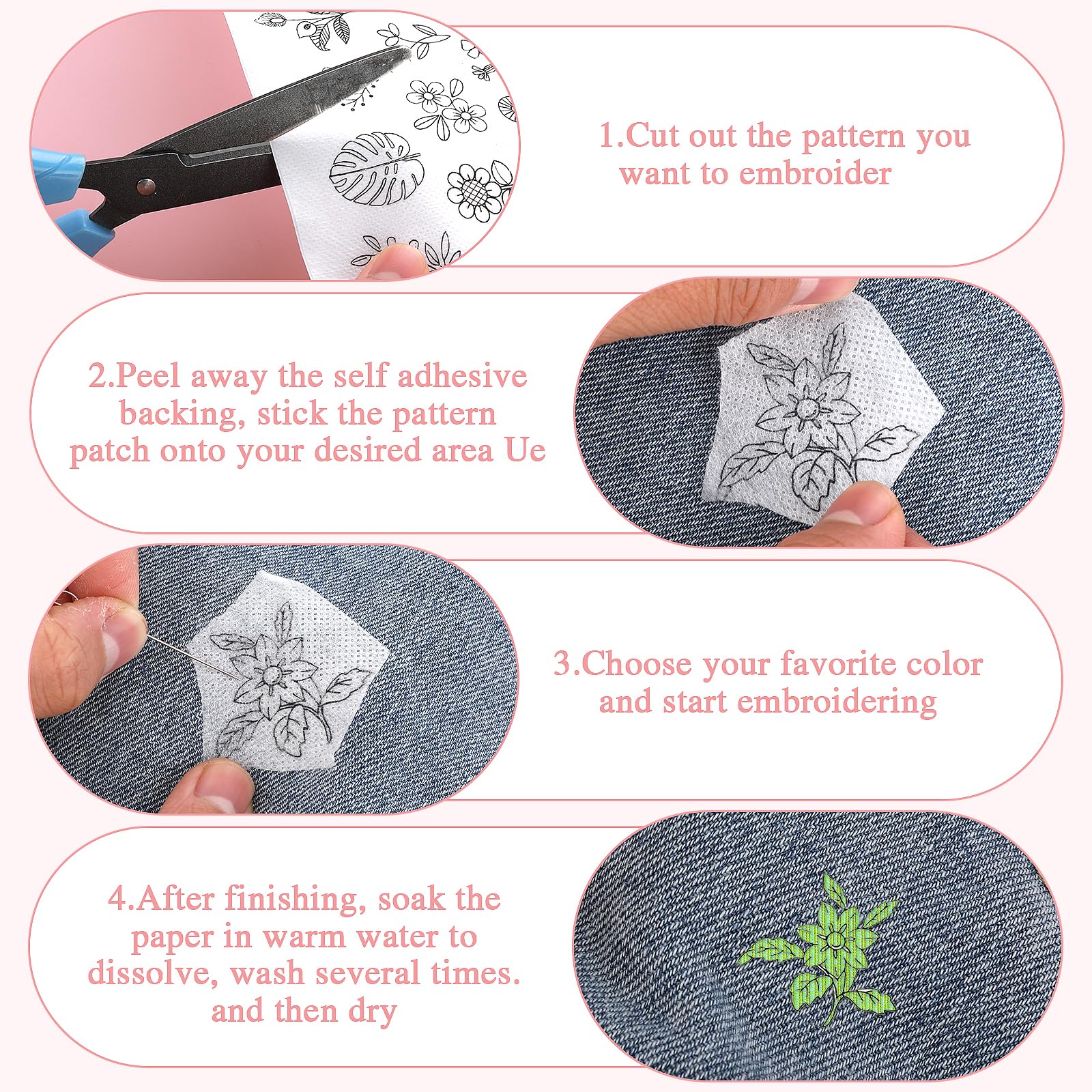 Tyqour 75 Stück Stickvorlagen Wasserlöslich | Selbstklebende Blumen-Muster Für Stickerei - 30x22,5cm