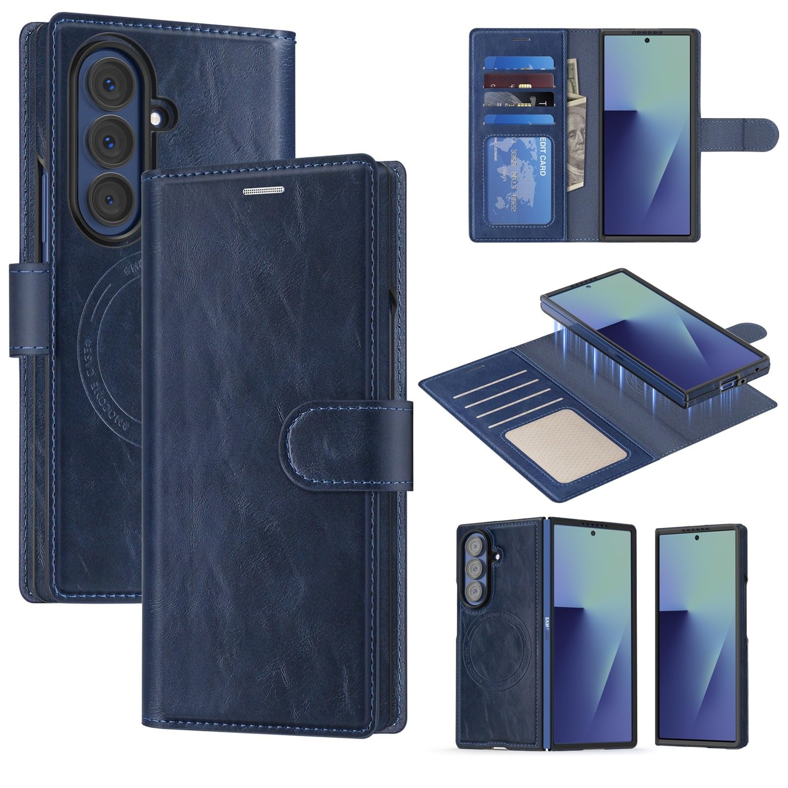 Custodia generica compatibile con Samsung Galaxy Z Fold 3 (colore: blu) custodia magnetica a portafoglio in pelle rimovibile
