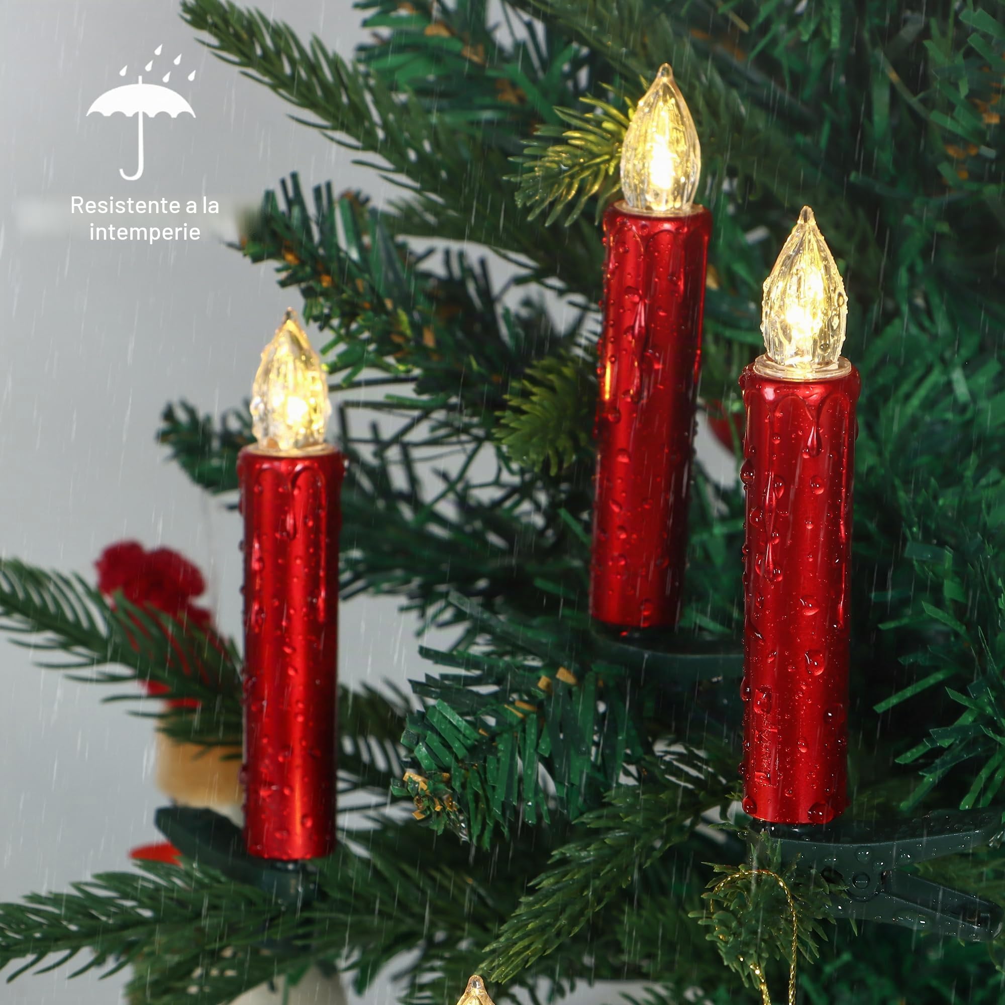 FREEPOWER 20 Velas LED árbol de Navidad Rojas con Mando a Distancia Temporizador Parpadeantes, Blanco Cálido, Velas LED Navidad, Funciona con Pilas, Interior y Exterior Impermeable（Incluye 20 pilas）