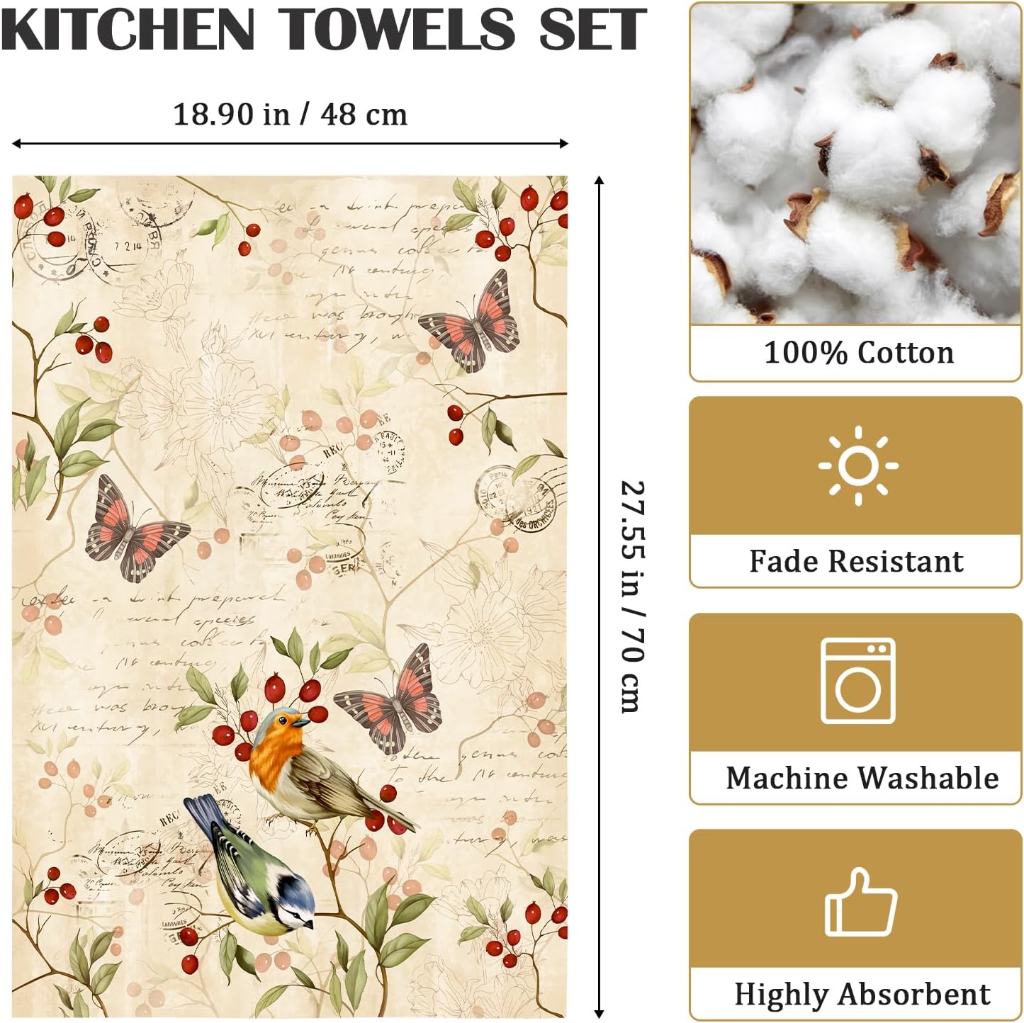 Retro Birds Tea Towels, Vintage Rustic Cotton Kitchen Towel 18.9×27.5 inch, Quick Drying Dish Cloth for Party Anniversary Holiday Decoration Housewarming Gifts - Image 6