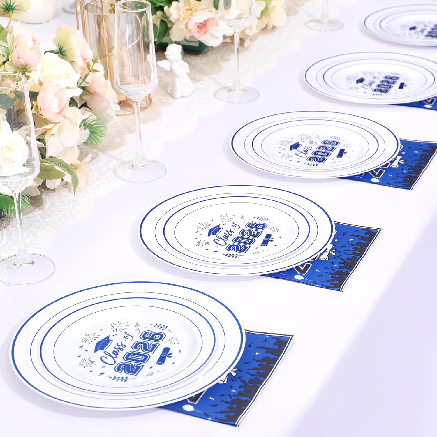 120 Pcs Graduation Plastic Plates, 2026 White Blue Graduation Disposable Plates for 30 Guests,30 Dinner Plates 10 inch & 30 Dessert Plates 7 inch Cocktail Napkins for Party,Holiday