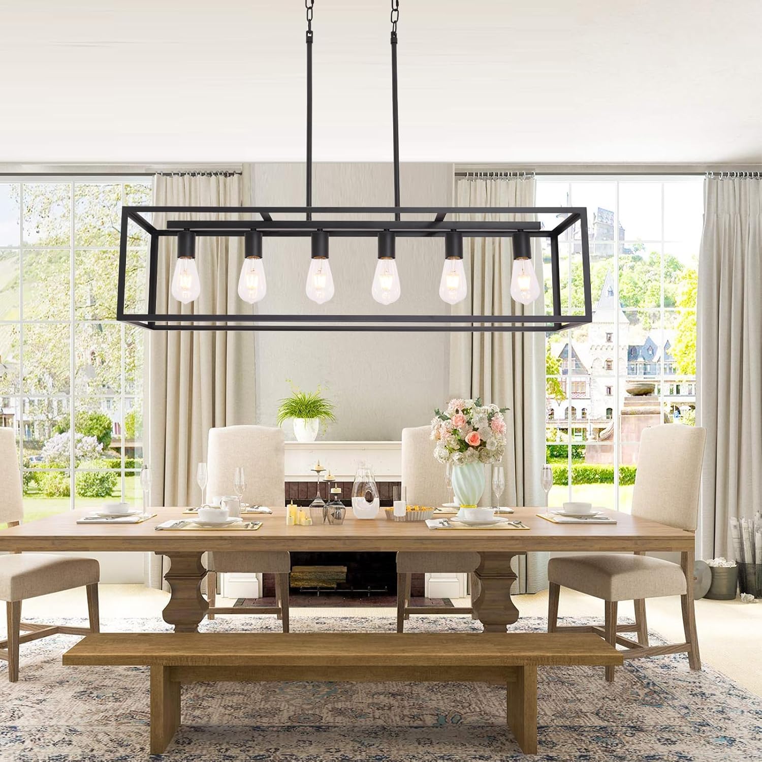 BONLICHT Black Rectangle Farmhouse Chandelier 6 Light Modern Dining Room Lighting Fixture Hanging Kitchen Island Pendant Light Industrial Metal Linear Cage Flush Mount Ceiling Light for Hallway Foyer
