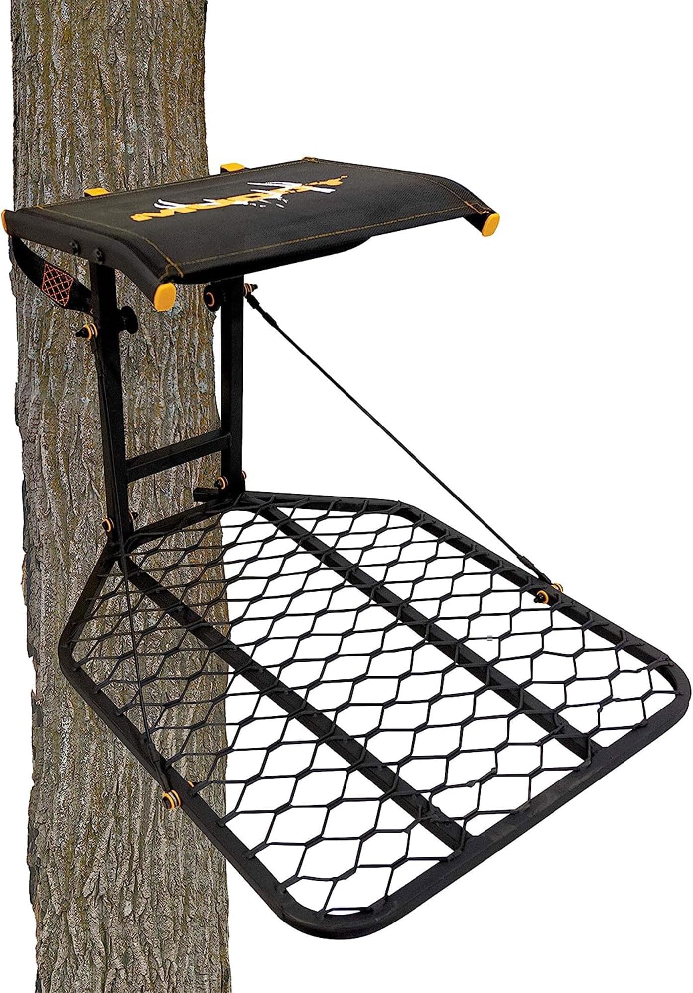 MUDDY The Boss 1 Person Hang On Tree Stand, Deer Hunting Stand with Silent Straps, FlexTek Seat and Wide Stance Platform, Black