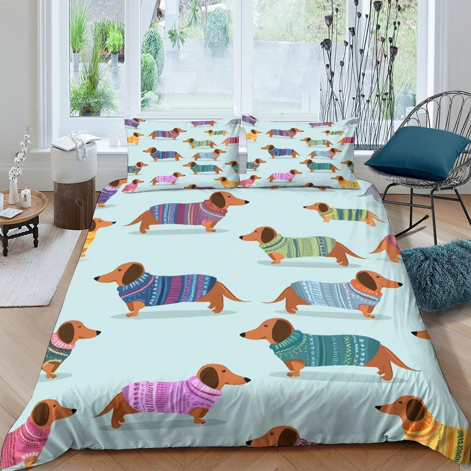 GPLZQXKJNH 3D Printed Dachshund Pattern Duvet Cover Microfiber Soft Breathable Striped Dog Quilt Cover Set with 2 Pillowcases for Bedroom Decor Single（135x200cm）