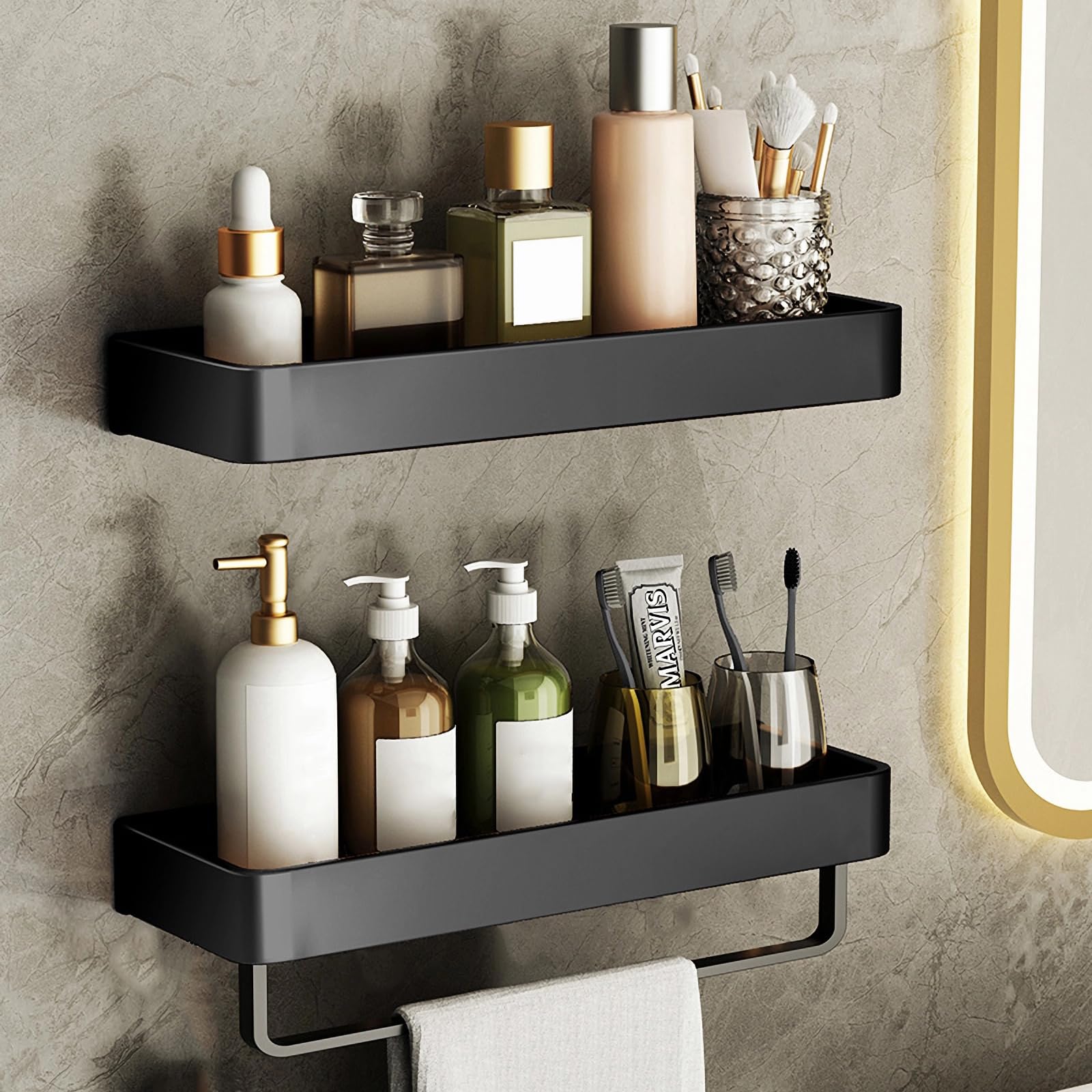 ILIKEPOW Paquete de 2 organizadores de ducha, estantes de baño, cesta sin taladrar, montado en la pared, color negro, 40 cm