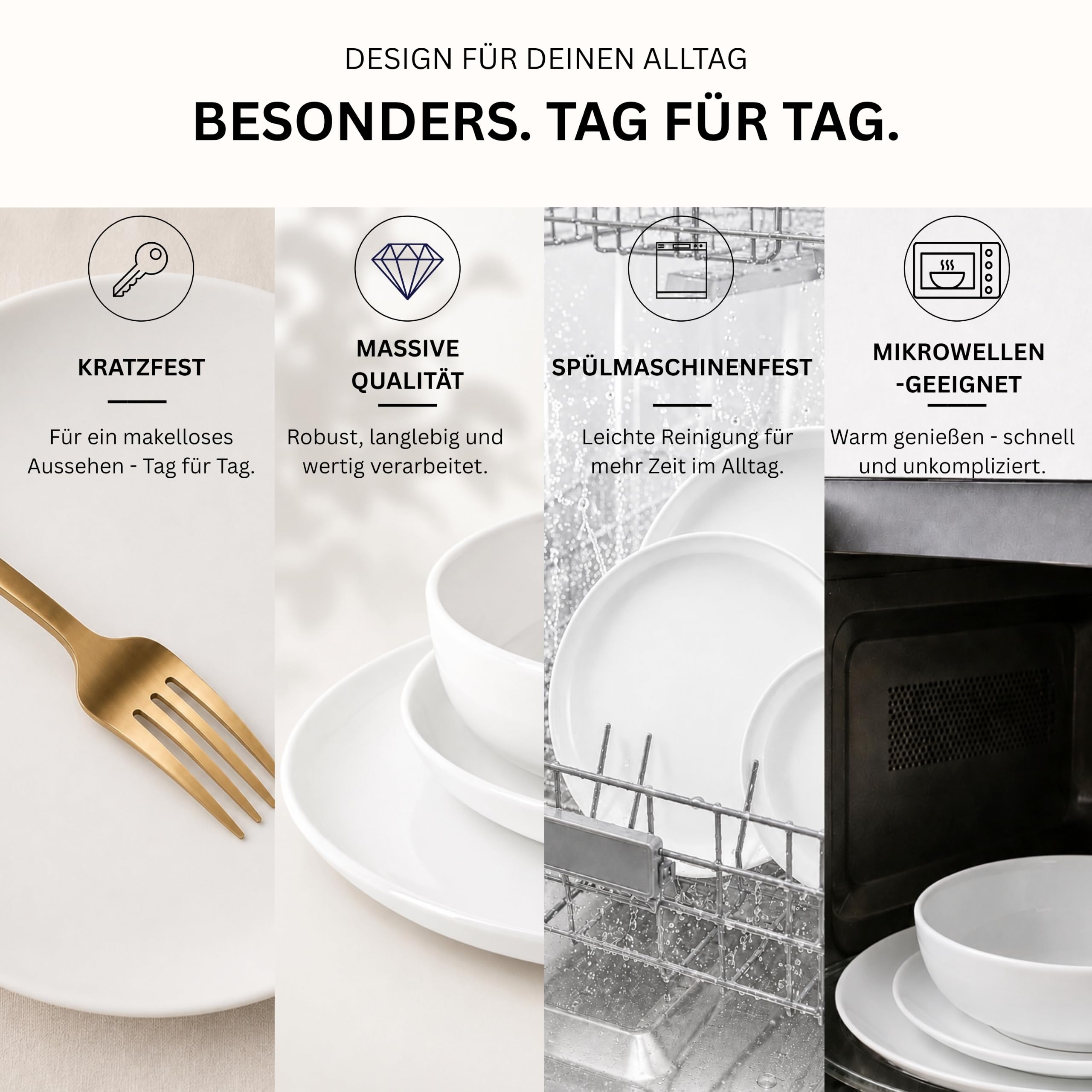 SÄNGER | Kombiservice Marlo Weiß, 30-teiliges Geschirrset für 6 Personen mit Speise-, Dessertteller, Schalen, Müslischalen und Kaffeebechern aus Porzellan, moderne Form |PREMIUM COLLECTION
