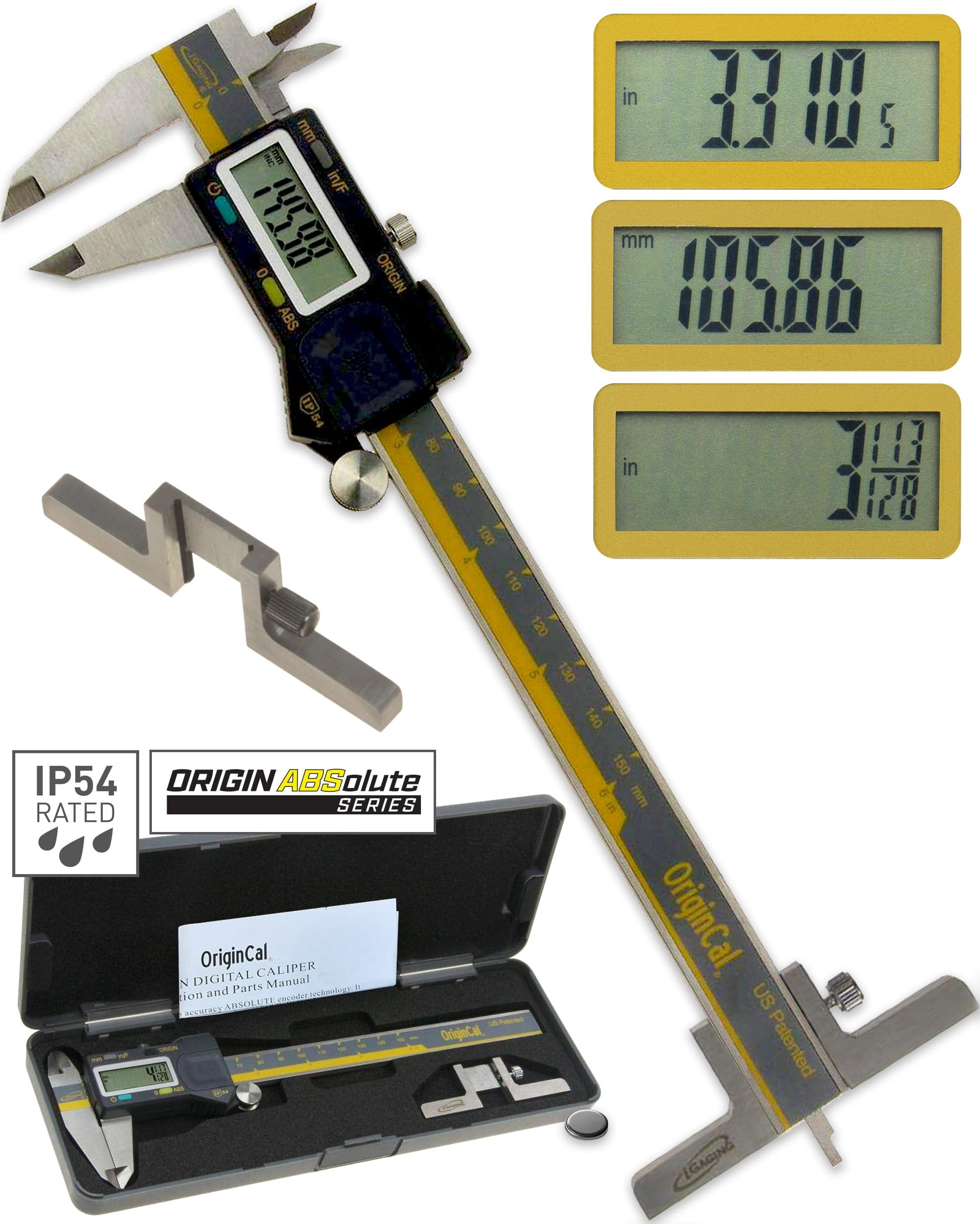 Absolute Origin 0-6" Digital Caliper, IP54 Stainless Steel, SPC/USB Output Port, Fraction Reading, Depth Base, Case, Manual, Battery