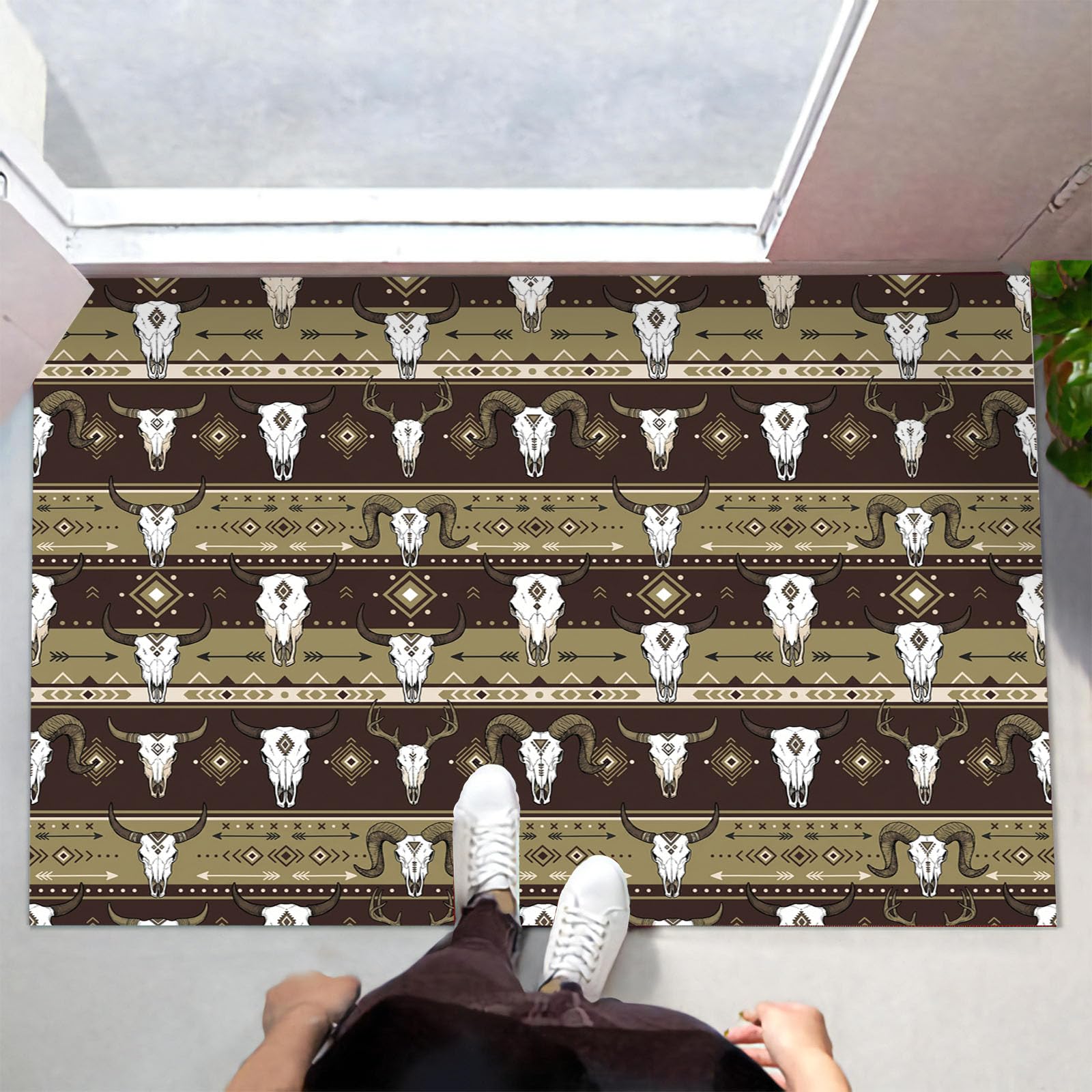 Ultradünne Böhmische Tierstreifen Fußmatte Für Innenbereich, 90X150Cm Waschbar Teppich Für Eingangsbereich, Stammesgeometrie Schmutzfänger Fussmatten, Bräunen rutschfeste Eingangsmatte