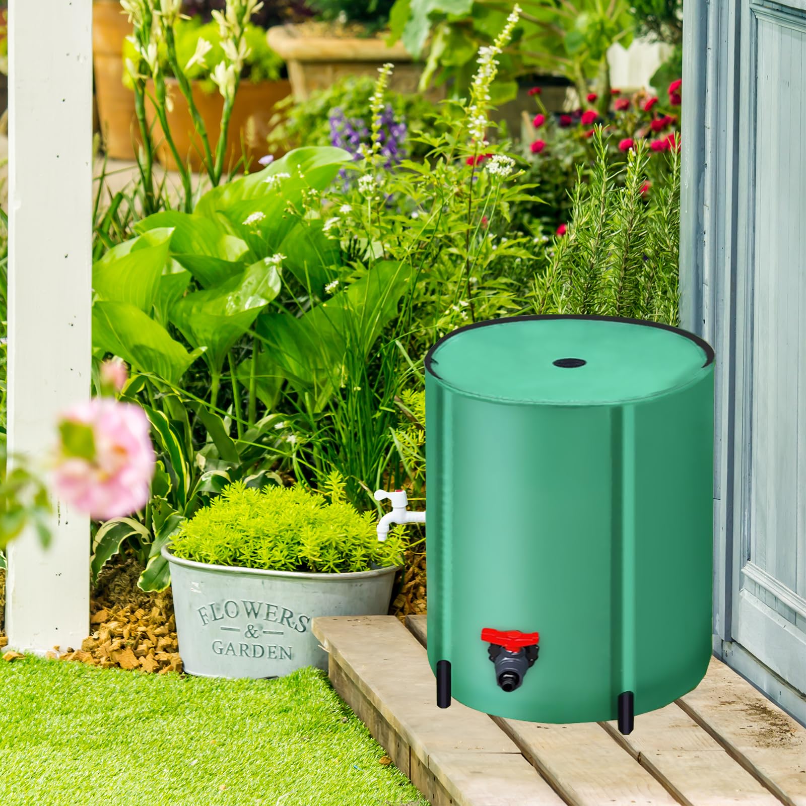 Seau à Pluie, 200L Récupérateur D'eau de Pluie Pliable Réservoir Eau Portable avec Couvercle Sortie D'eau Filtre à Mailles et 2 Robinets Reservoir Eau Vert pour Jardin avec Protection Anti-Débordement