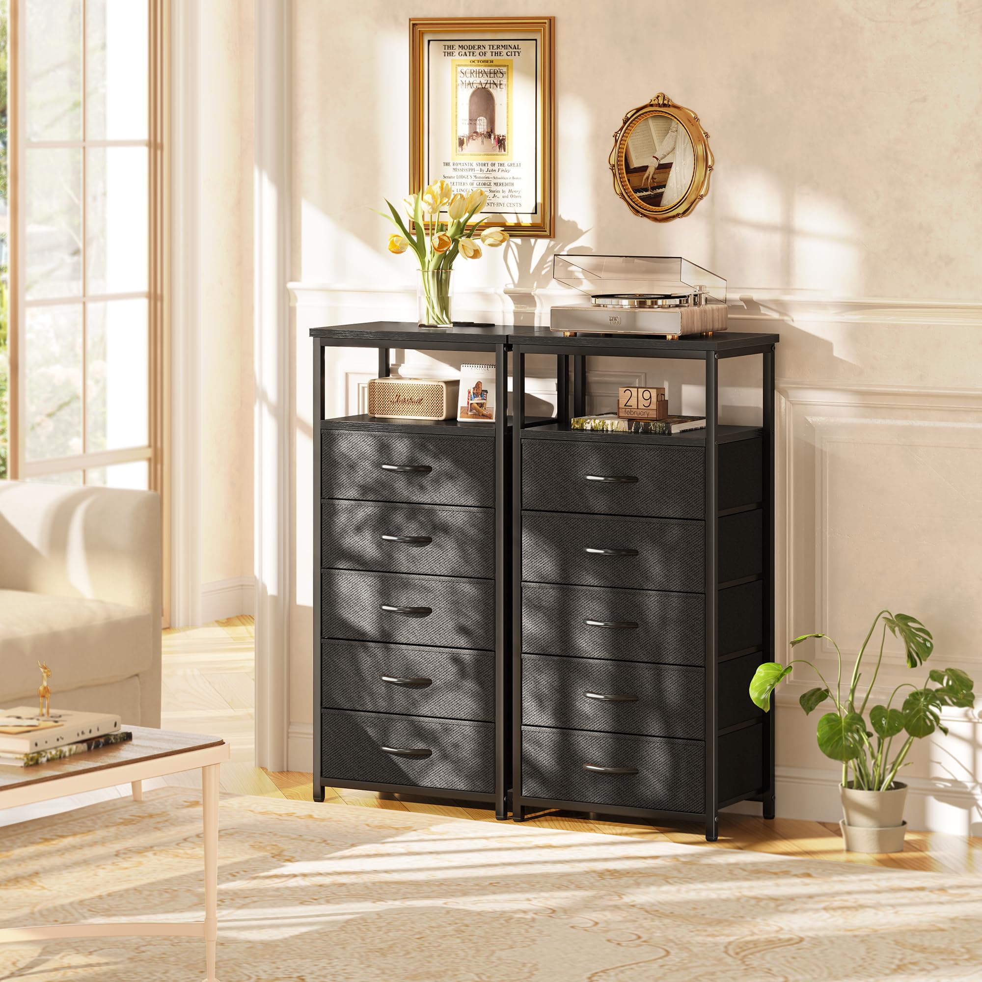 Huuger 5 Drawers Dresser with Charging Station, Dresser for Bedroom, Tall Night Stand, Chest of Drawers with Open Shelf, Bedside Table Nightstand, Fabric Dresser Storage Drawers, for Entryway, Black