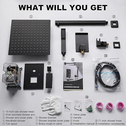 Miniatura 49 de Sistema de ducha con boquilla de bañera, juego de grifo de ducha con cabezal de ducha de lluvia de 12 pulgadas, ducha de mano y boquilla de bañera