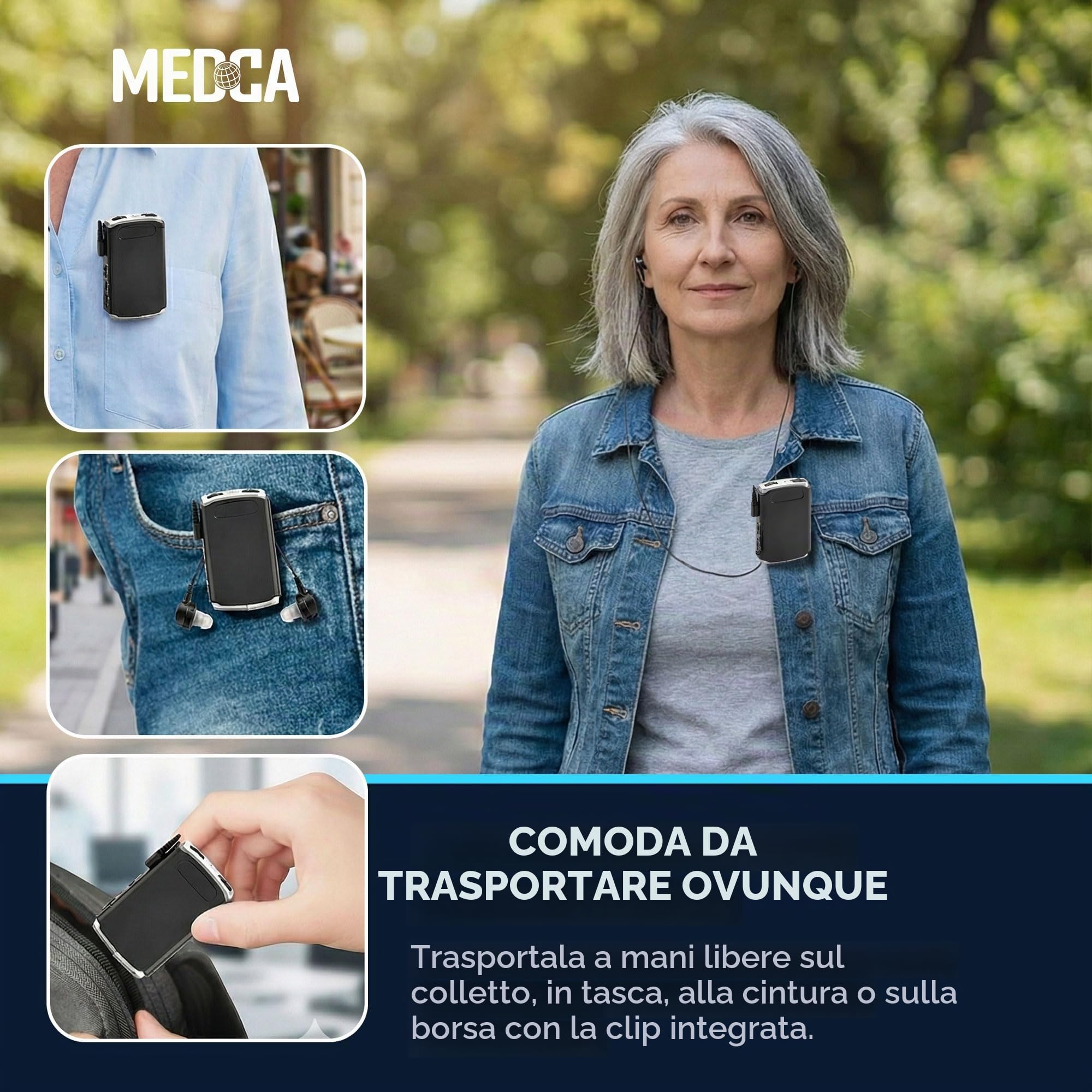Dispositivo audio - Dispositivo Pocket Sound Voice Enhancer con Duo Mic/Ear Plus Set di cuffie e microfono extra, dispositivo personale di MEDca