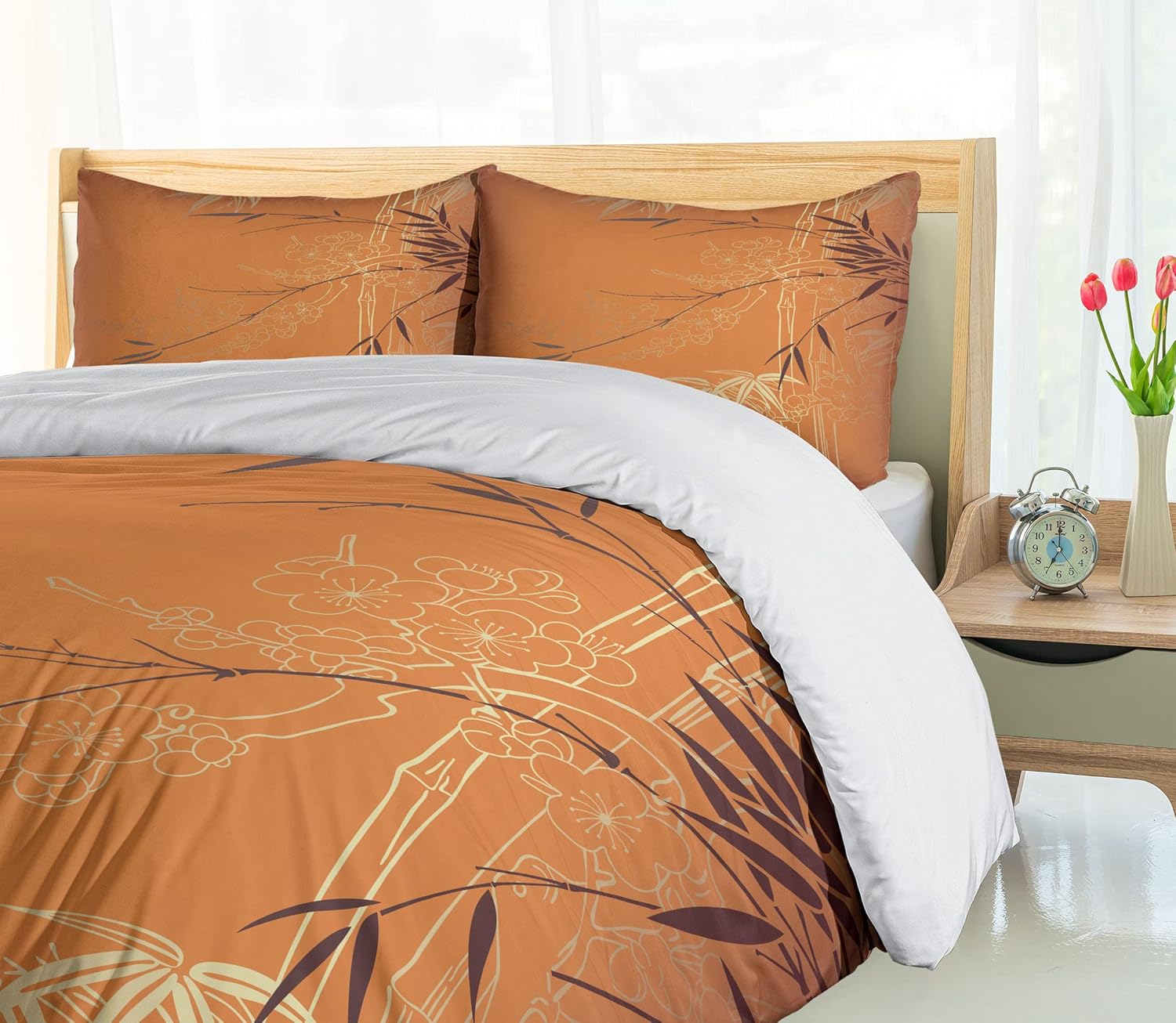 Ambesonne Asian Themed Duvet Cover Set, Ethnic Branches and Flowers Illustration Eastern Nature Theme, Decorative 3 Piece Bedding Set with 2 Pillow Shams, King Size, Orange Yellow and Brown King Orange Yellow
