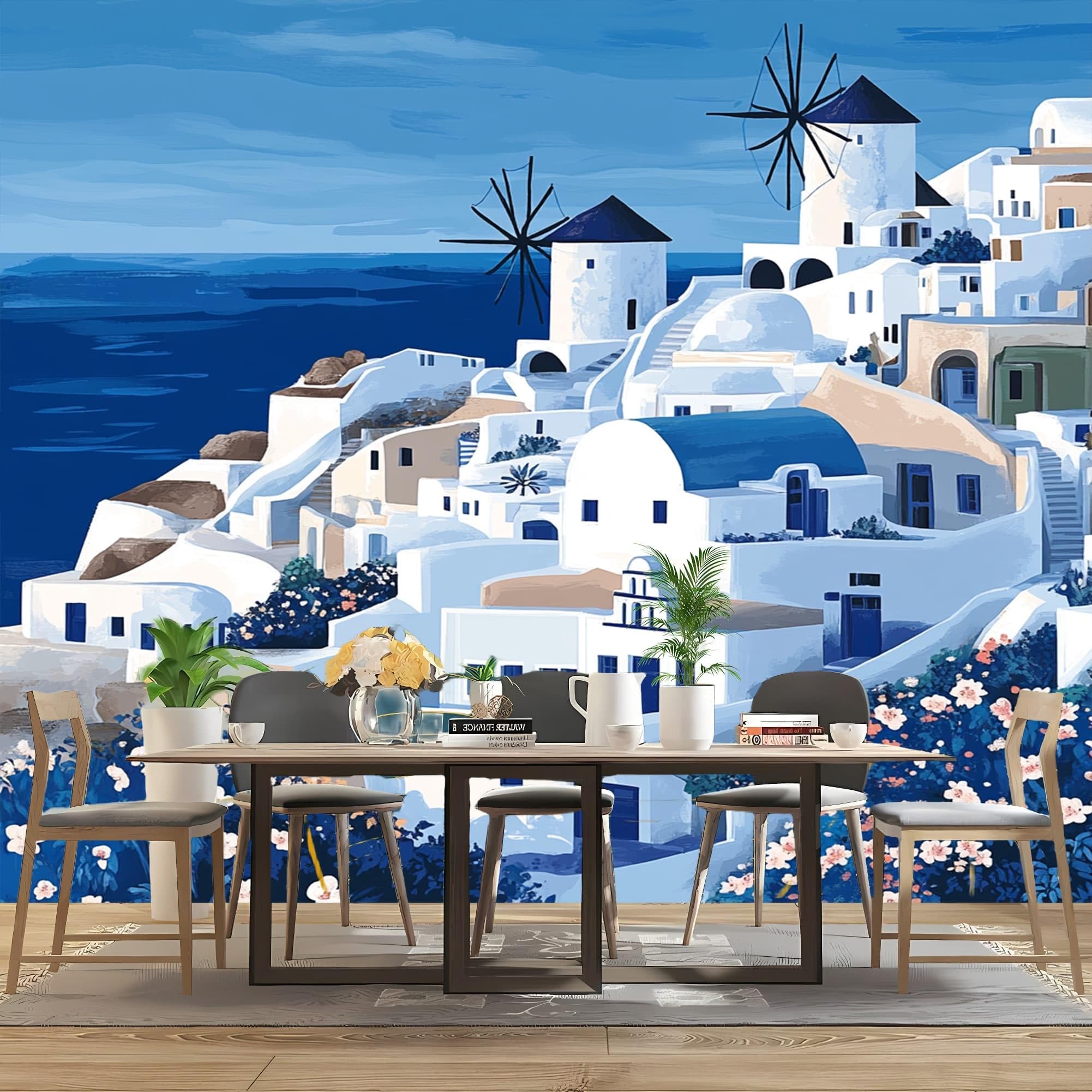 Naklejki ścienne do salonu 300 x 210 cm Santorini Architektoniczne wzory efekt 3D Murale ciemnoniebieskie tapety z włókniny plakat projekt pokoju zabaw korytarz salon ściany
