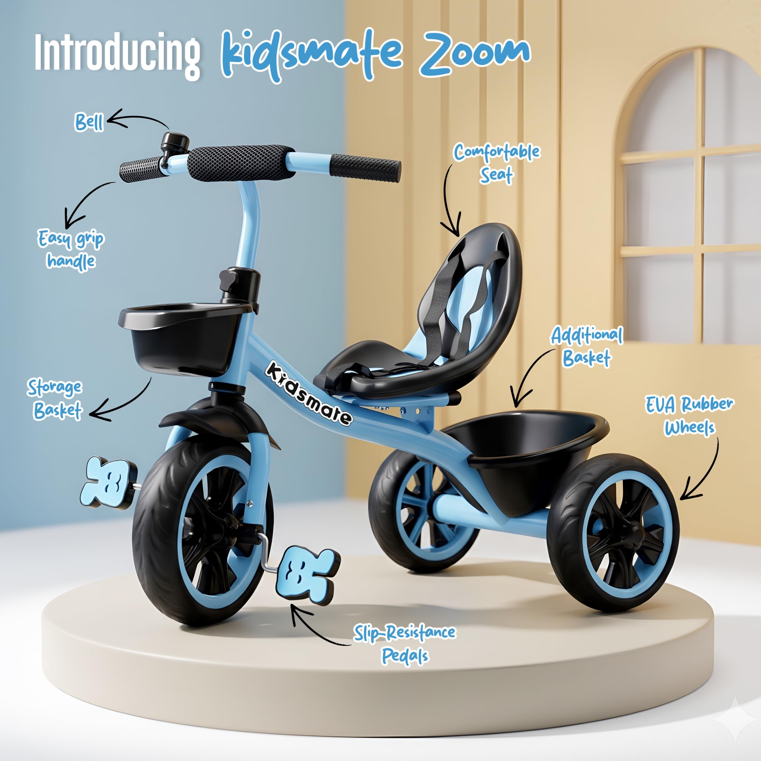 Kidsmate Zoom Trike Cycle for Kids 2-5 Years | Tricycle for Kids | Tricycle for Boys & Girls | Baby Cycle with Anti-Skid EVA Wheels, Bell, Front & Rear Basket, Comfortable Seat | 30kg Capacity - Blue — Amazon image 5