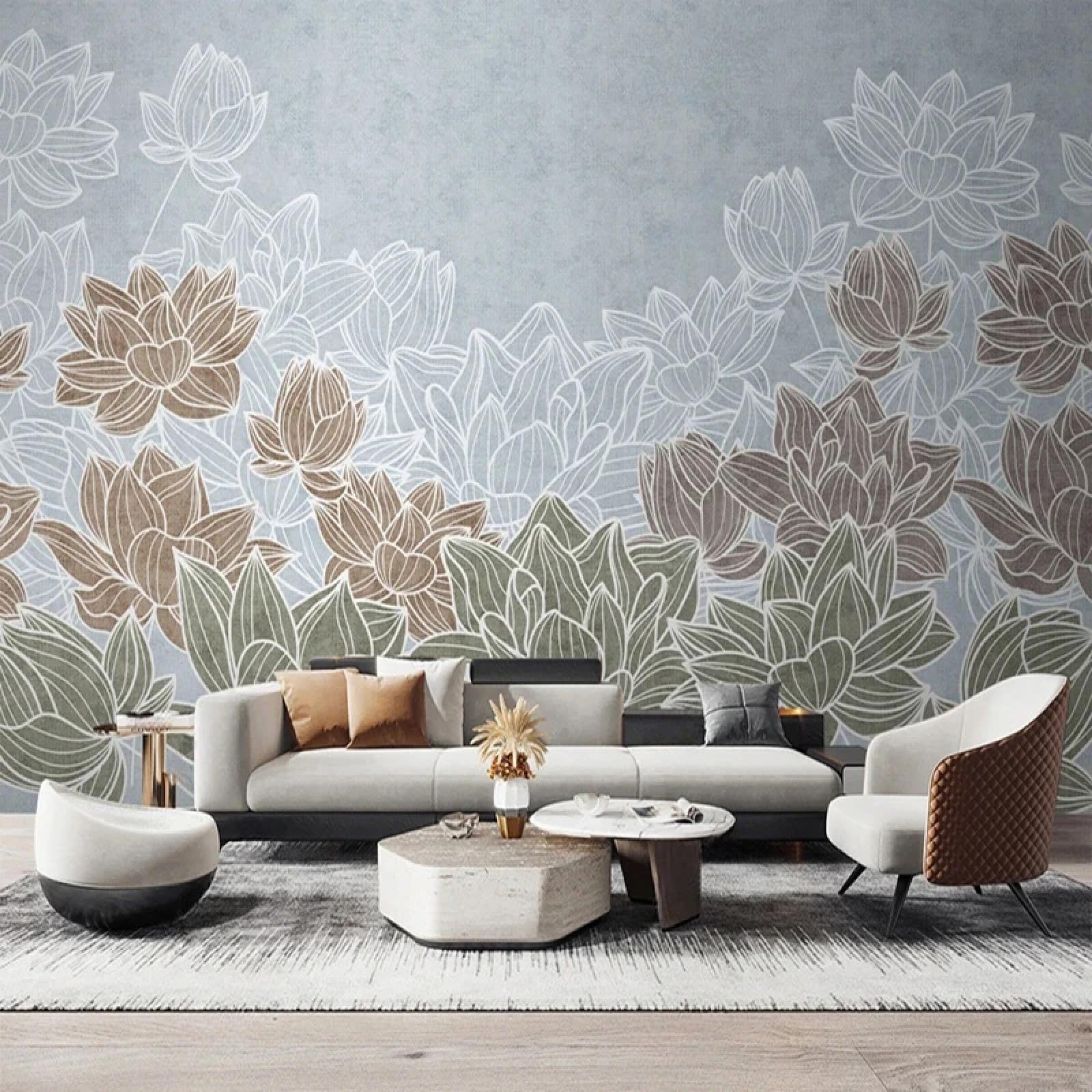 Papier peint 3D de style chinois avec lotus abstrait peint à la main pour salon et bureau