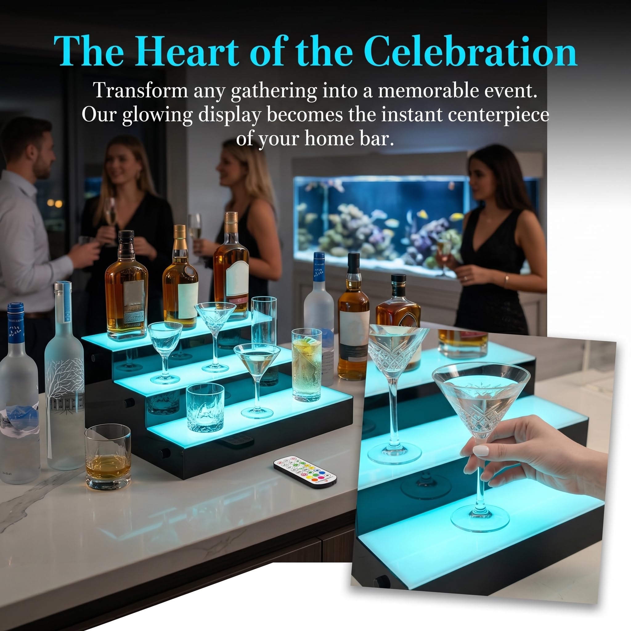 LED illuminato bottiglia di liquore display scaffale, 3 livelli 14,6 pollici, acrilico alcol whisky rack con telecomando RF per la barra di casa, 18 modalità 9 colori statici (3 Livelli)